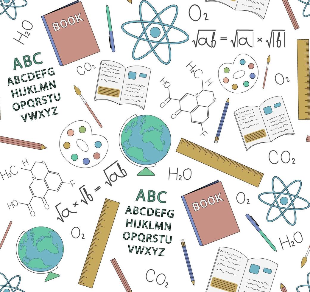School subjects and objects vector illustration seamless pattern. Perfect for wallpaper, background, fabric or books