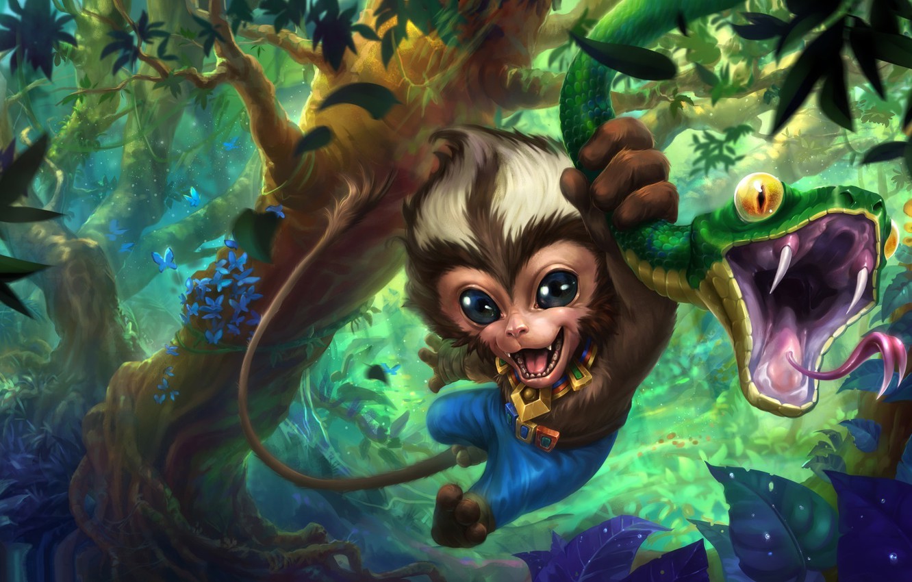 Wallpaper mood, snake, jungle, art, monkey, children's, Anna Anikeyka, Funny monkey and a poor snake image for desktop, section фантастика