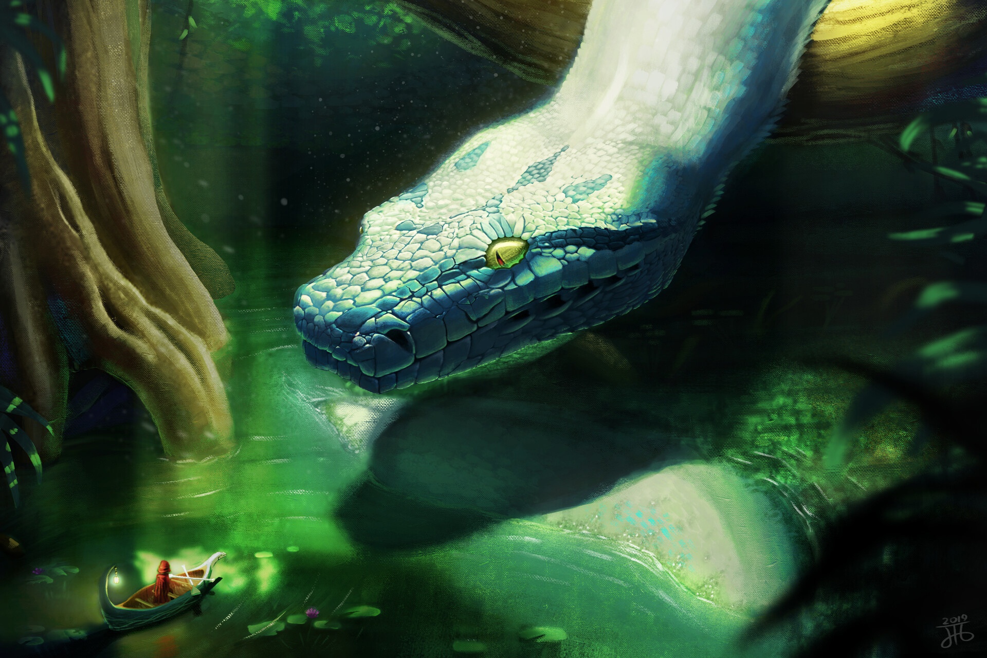 Boat Creature Giant Snake Wallpaper:1920x1280