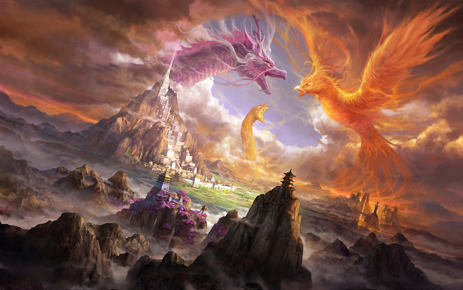 Giant dragon, phoenix and snake battling by molybdenumgp03 HD Wallpaper