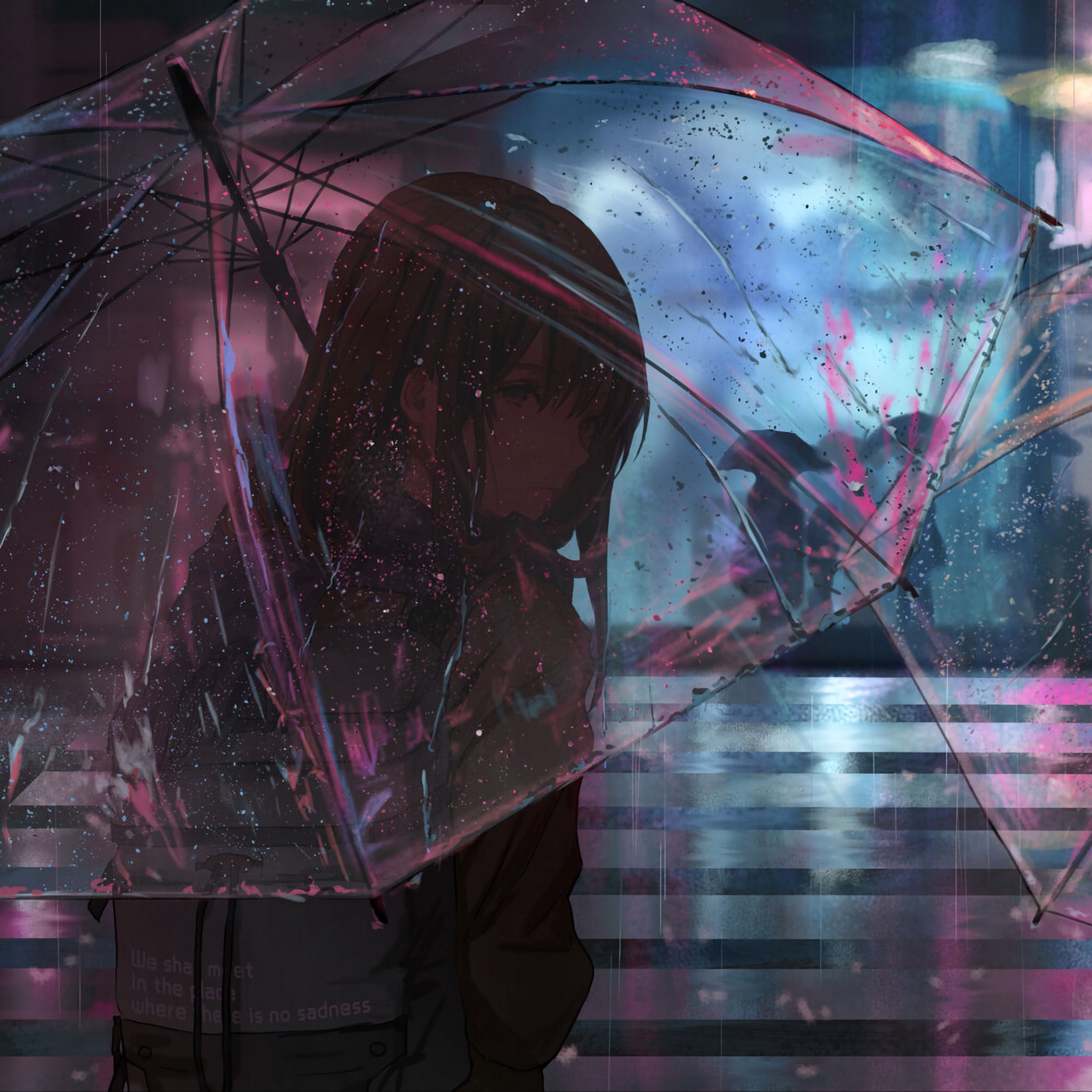 Download wallpaper 3415x3415 girl, umbrella, anime, rain, street, night ipad pro 12.9 retina for parallax HD background