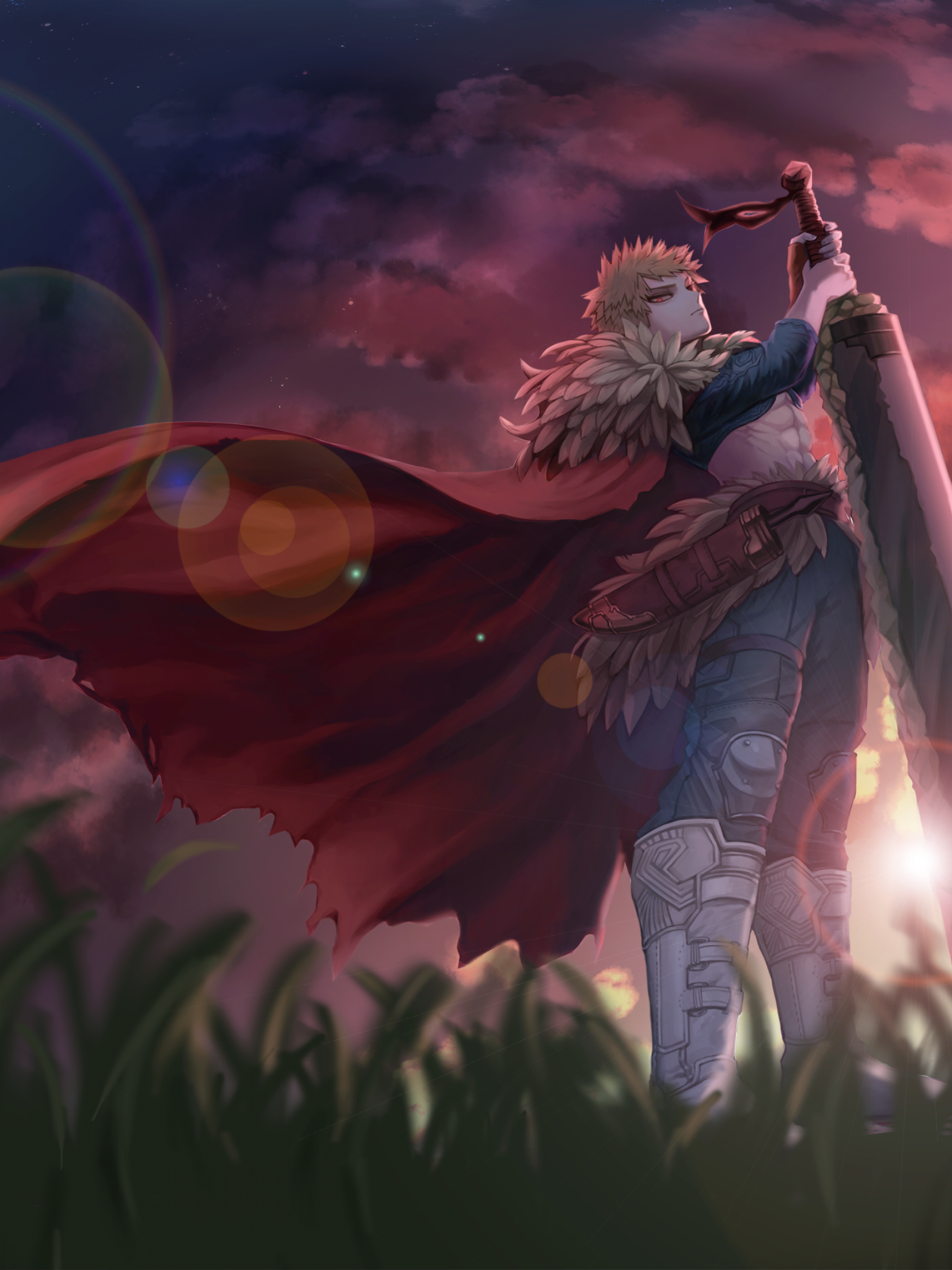 Download 1536x2048 Bakugou Katsuki, Boku No Hero Academia, Two Hand Sword, Sunset, Cape, Field Wallpaper for Apple iPad Mini, Apple IPad 3, 4
