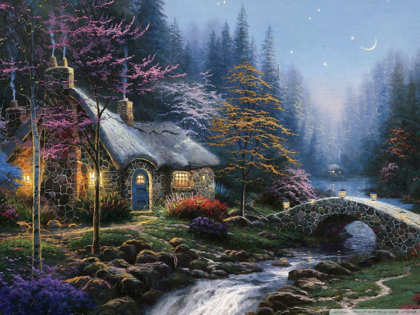 Forest Cottage Spring Painting Ultra HD Desktop Background Wallpaper for 4K UHD TV, Tablet