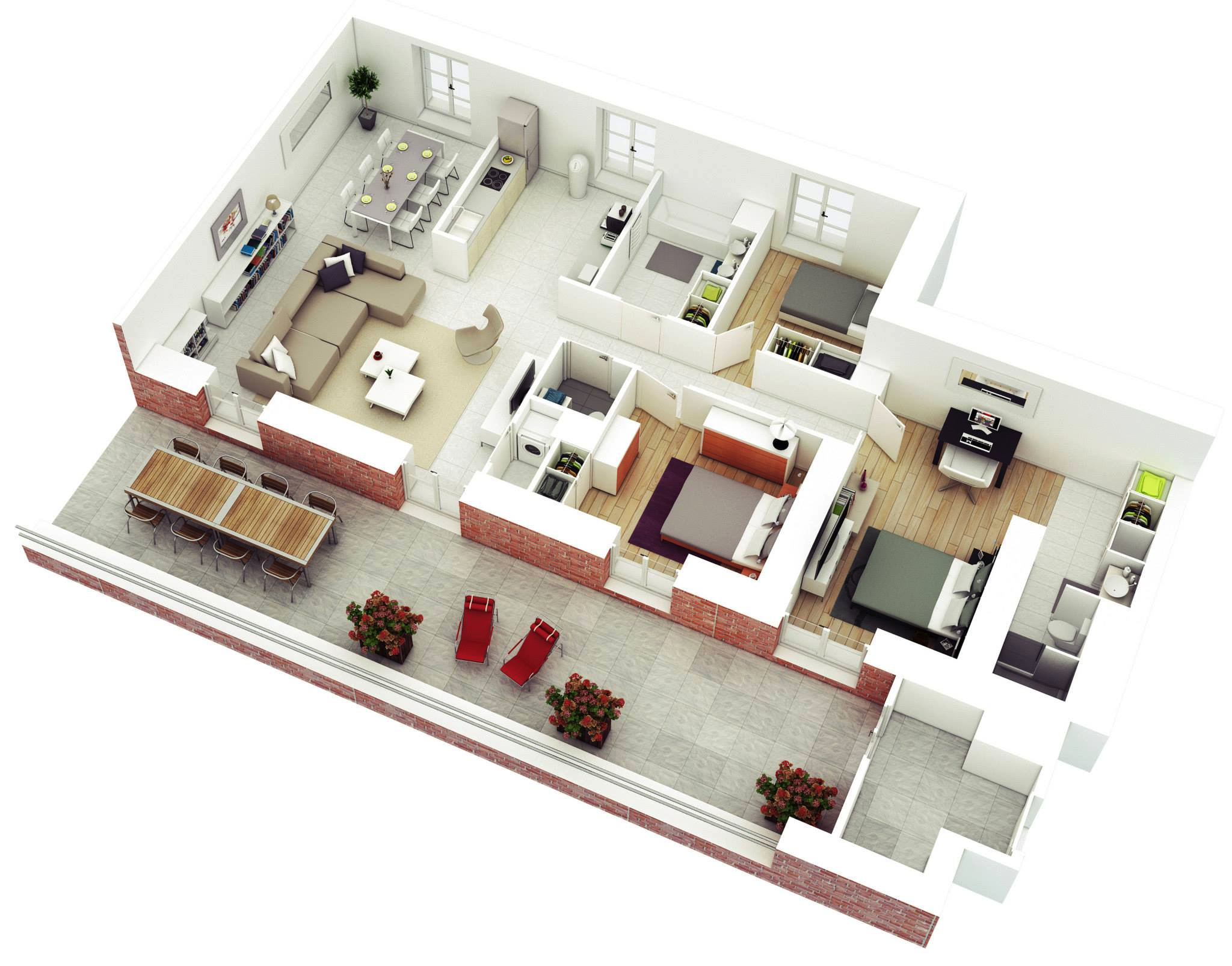 More 3 Bedroom 3D Floor Plans