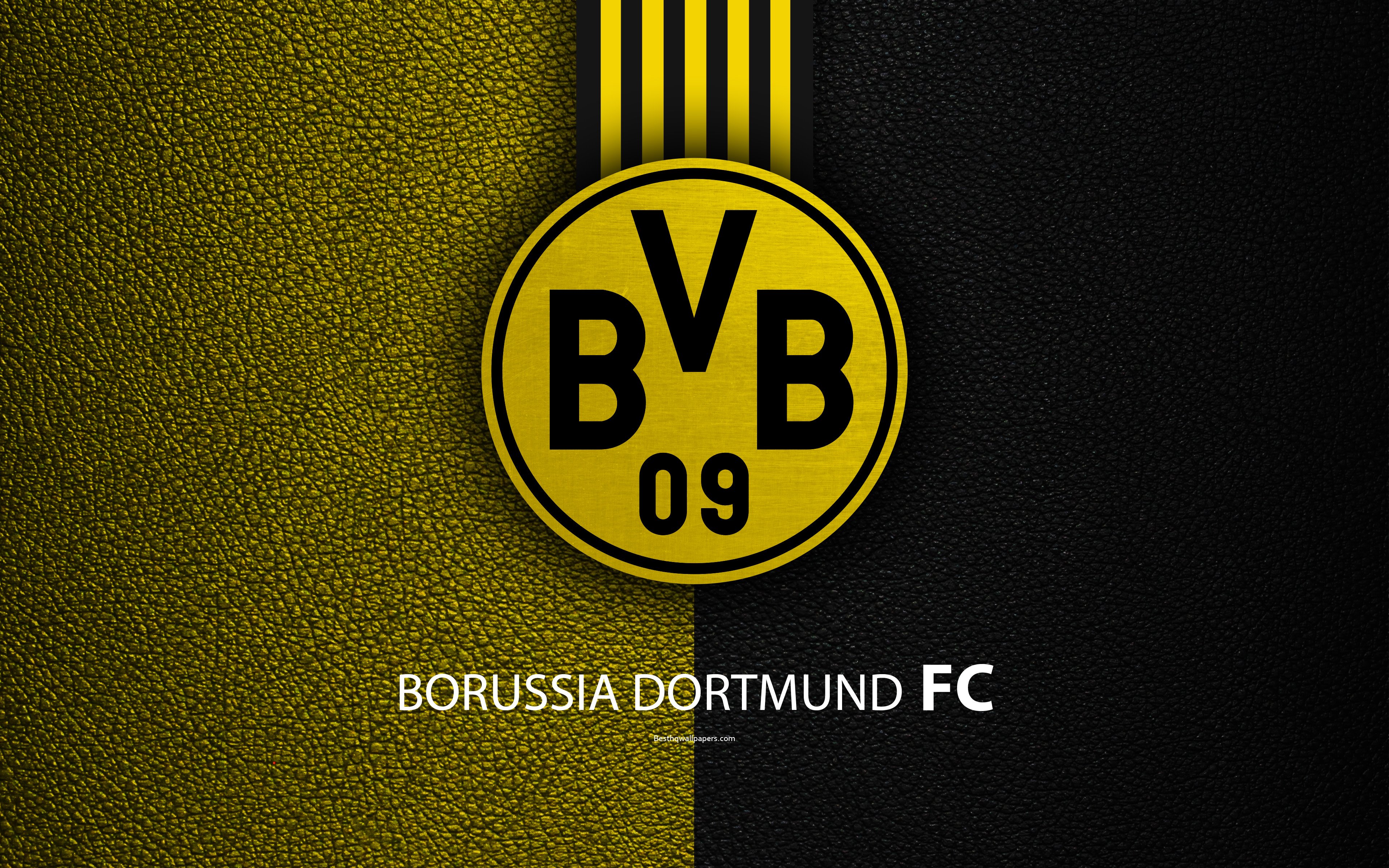 Download wallpaper Borussia Dortmund FC, 4k, German football club, Bundesliga, leather texture, emblem, BVB logo, Dortmund, Germany, German Football Championships for desktop with resolution 3840x2400. High Quality HD picture wallpaper