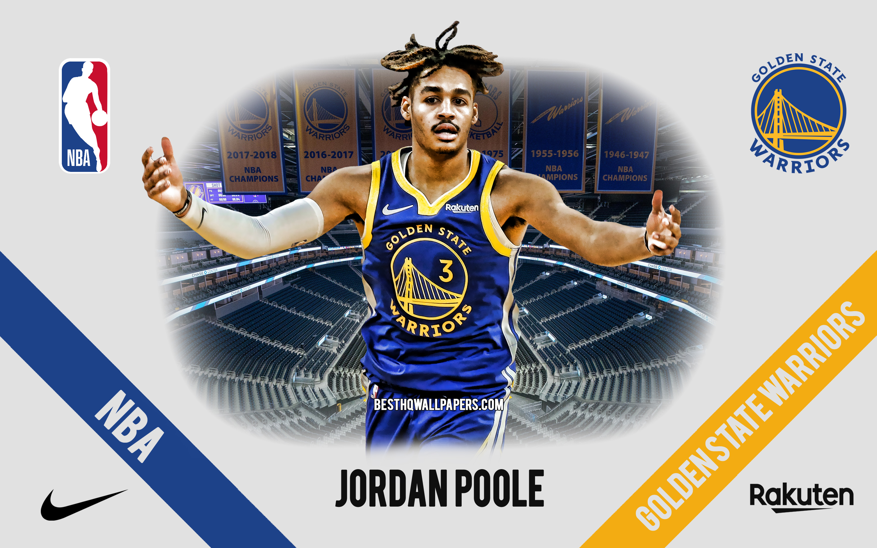 Download wallpaper Jordan Poole, Golden State Warriors, American Basketball Player, NBA, portrait, USA, basketball, Chase Center, Golden State Warriors logo for desktop with resolution 2880x1800. High Quality HD picture wallpaper