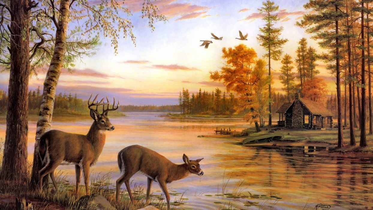 Art oil painting drawing Forest Lake Shore Deer Cottage wallpaperx1080