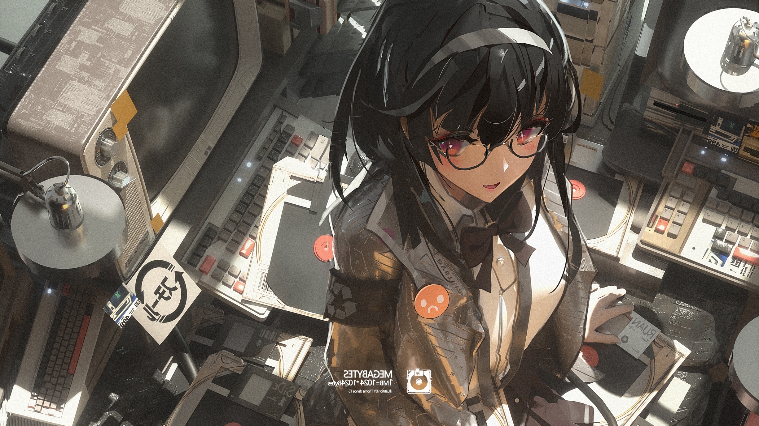 Megane anime girl, black hair, computer, room, Anime, HD wallpaper