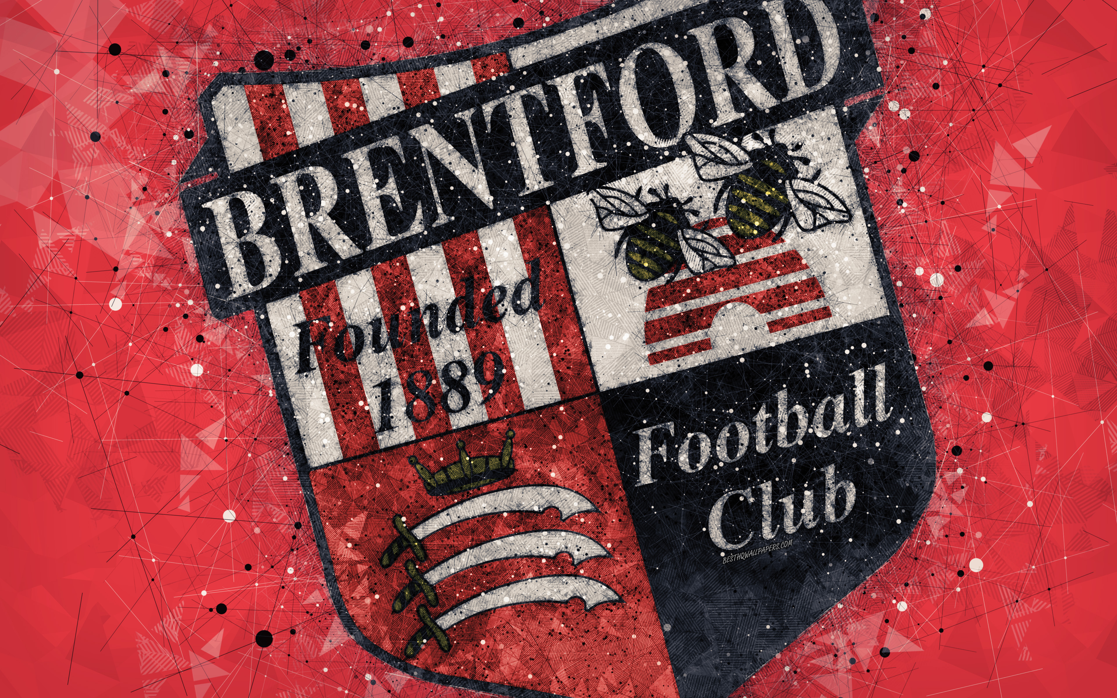 Download wallpaper Brentford FC, 4k, geometric art, logo, red abstract background, English football club, emblem, EFL Championship, Hounslow, England, United Kingdom, football, English Championship for desktop with resolution 3840x2400. High Quality HD