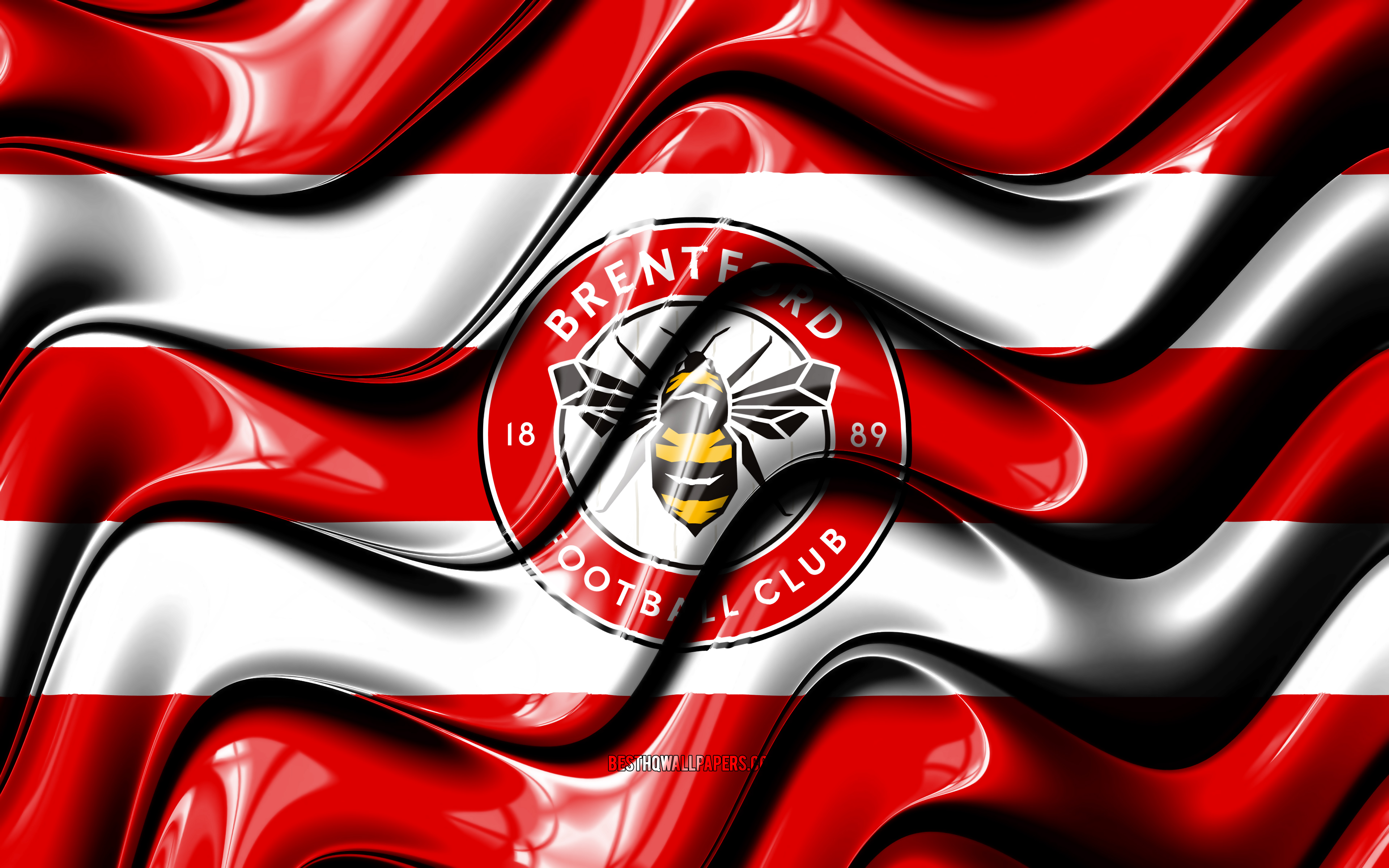 Download wallpaper Brentford FC flag, 4k, red and white 3D waves, Premier League, english football club, football, Brentford FC logo, Brentford FC, soccer for desktop with resolution 3840x2400. High Quality HD picture