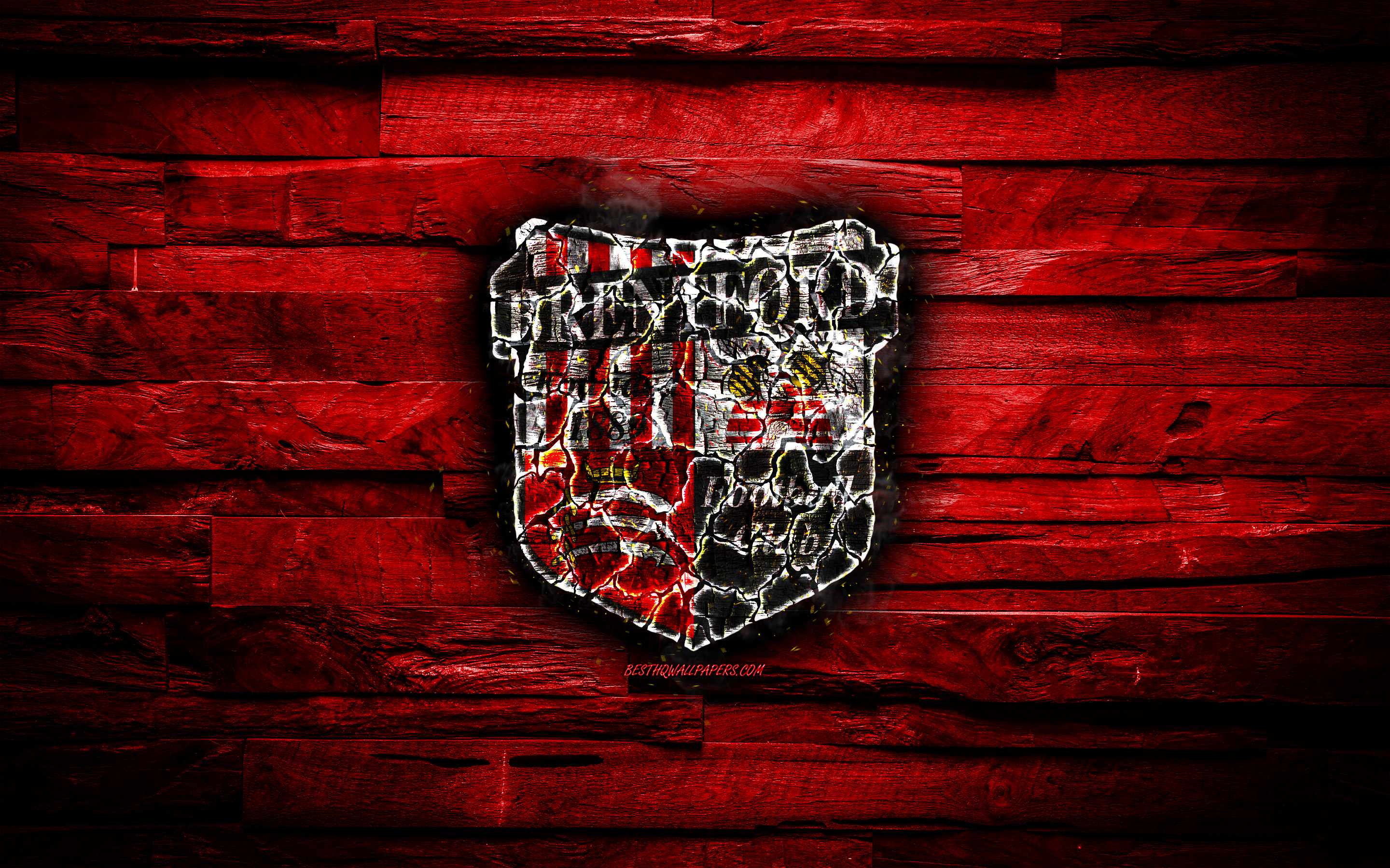 Download wallpaper Brentford FC, red wooden background, England, burning logo, Championship, english football club, grunge, Brentford logo, football, soccer, wooden texture for desktop with resolution 2880x1800. High Quality HD picture wallpaper