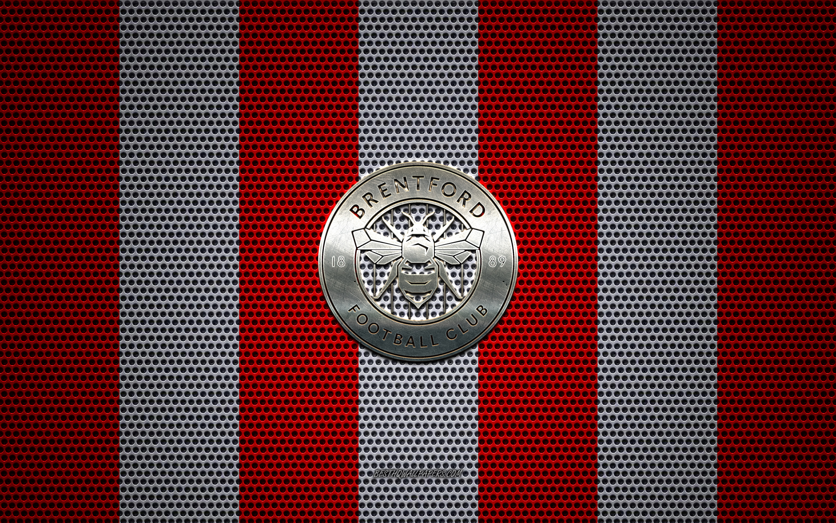 Download wallpaper Brentford FC logo, English football club, metal emblem, red and white metal mesh background, Brentford FC, EFL Championship, Brentford, Greater London, England, football for desktop with resolution 2880x1800. High Quality