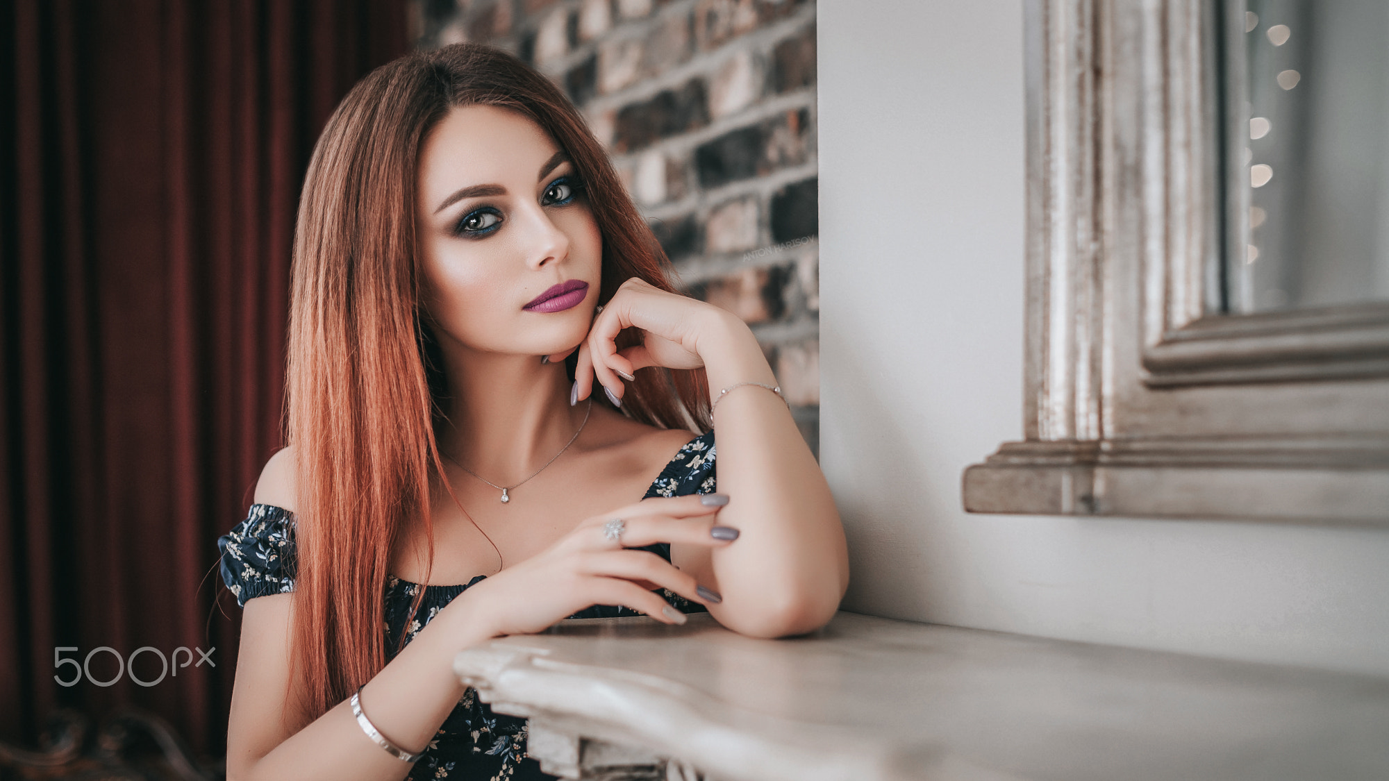 Anton Harisov Redhead Long Hair Straight Hair Makeup Looking At Viewer Eyeliner Curtains Women Lipst Wallpaper:2000x1125