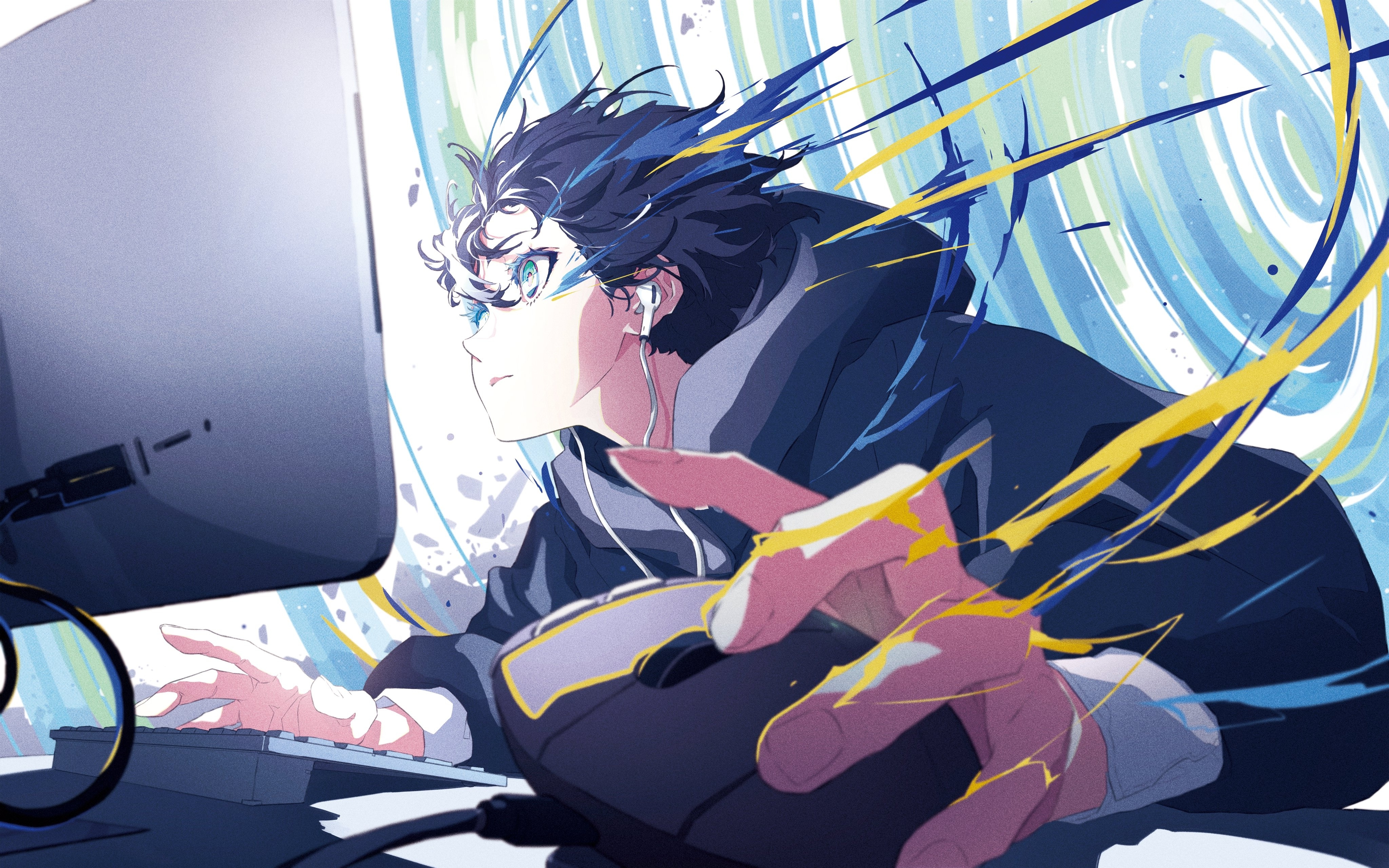 Wallpaper Gaming, Jacket, Keyboard Warrior, Monitor, Anime Boy:4096x2560