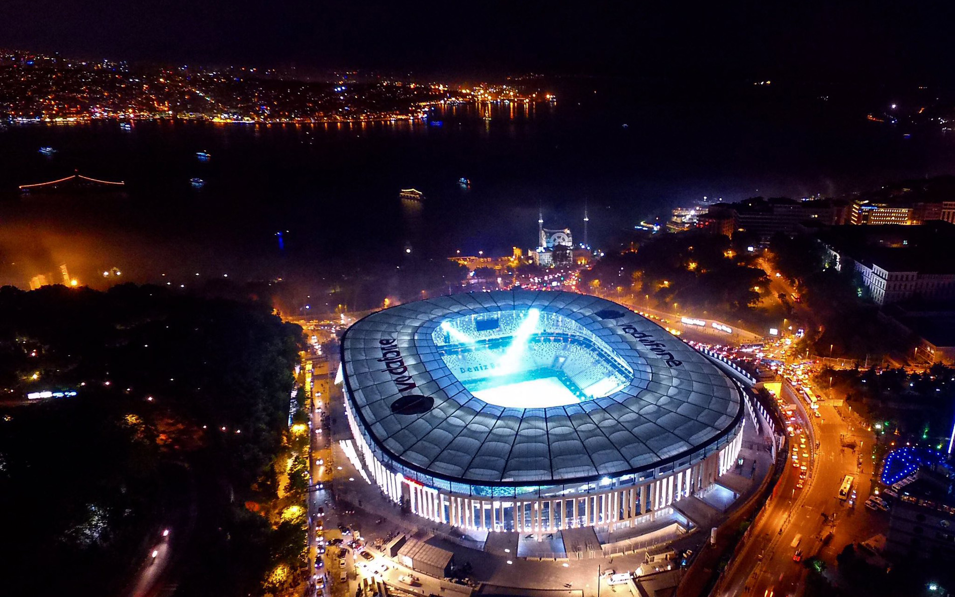 Download wallpaper Vodafone Park, night, aerial view, football stadium, BJK, Vodafone Arena, soccer, Besiktas stadium, Turkey, turkish stadium, Besiktas for desktop with resolution 1920x1200. High Quality HD picture wallpaper