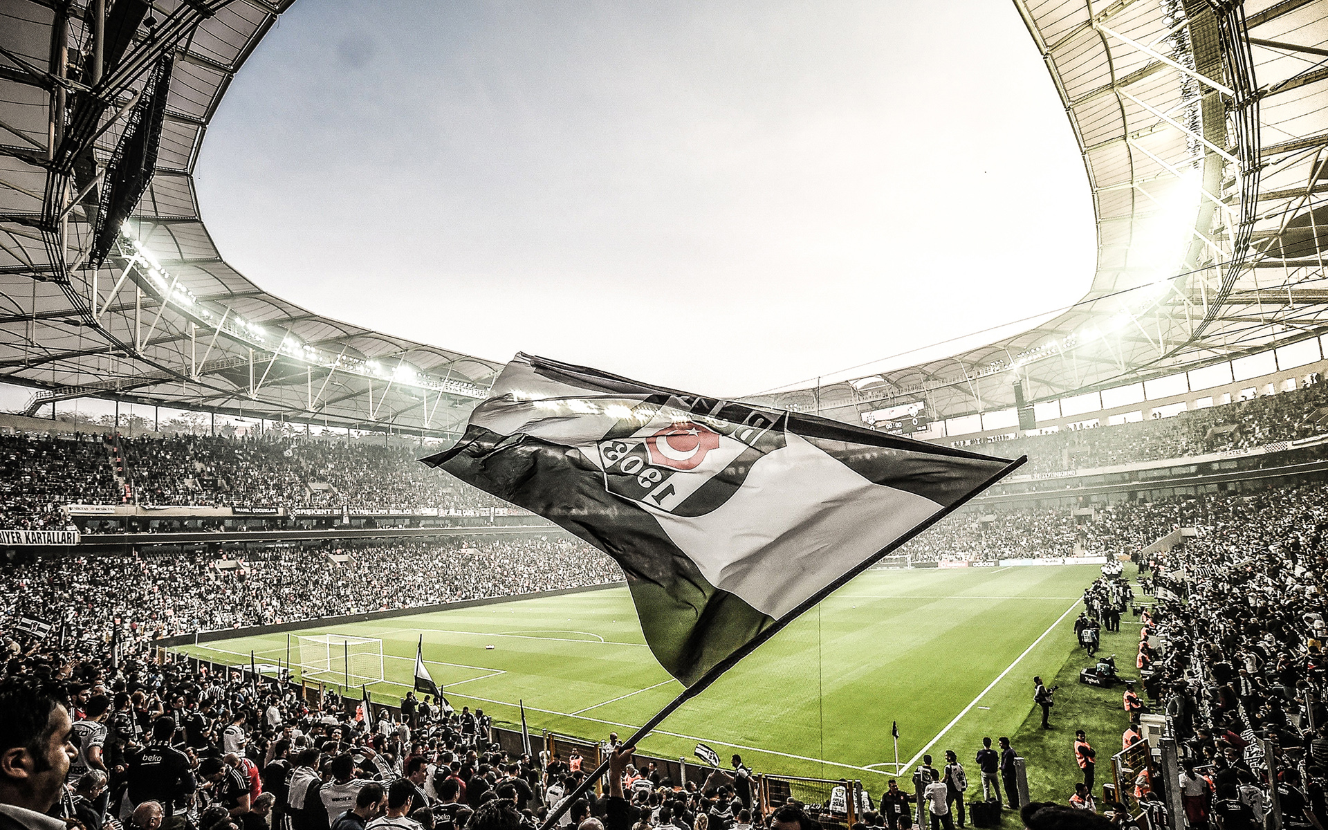 Download wallpaper Vodafone Park, match, Besiktas flag, football stadium, BJK, Vodafone Arena, soccer, Besiktas stadium, Turkey, turkish stadium, Besiktas for desktop with resolution 1920x1200. High Quality HD picture wallpaper
