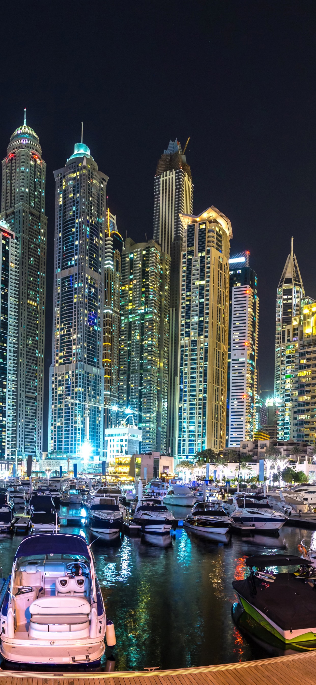 Dubai, Skyscrapers, City Night, Boats, Dock 1242x2688 IPhone 11 Pro XS Max Wallpaper, Background, Picture, Image