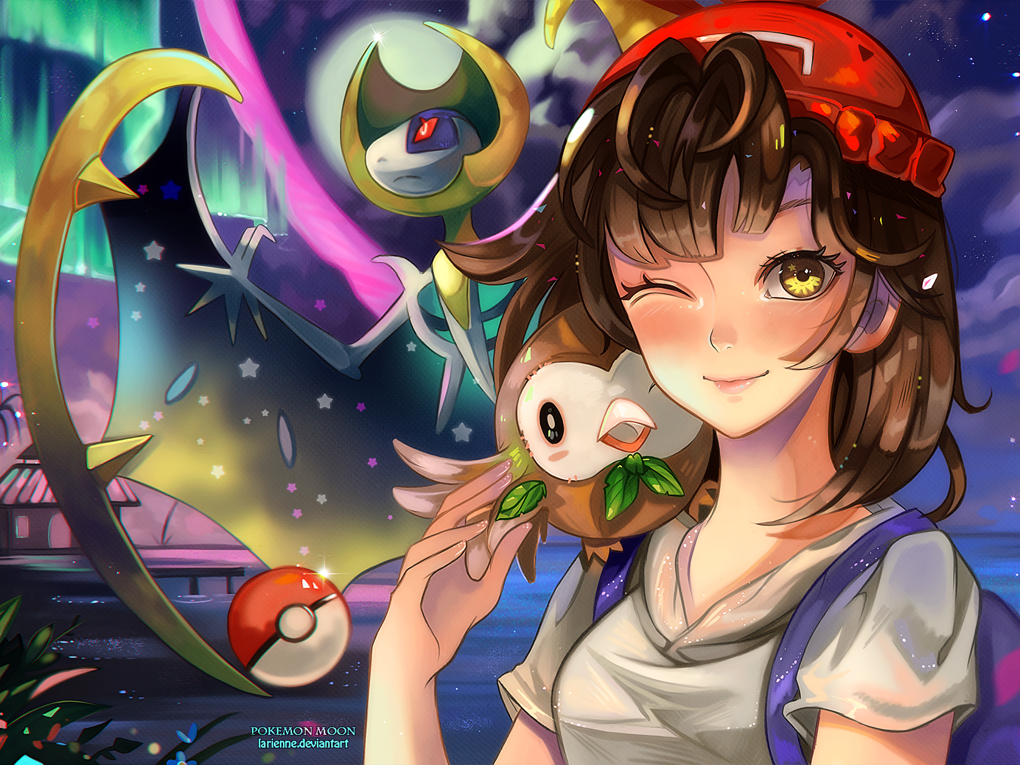 Download 2048x1536 Pokemon Sun And Moon, Lunala, Rowlet, Wink, Anime Girl Wallpaper for Ainol Novo 9 Spark