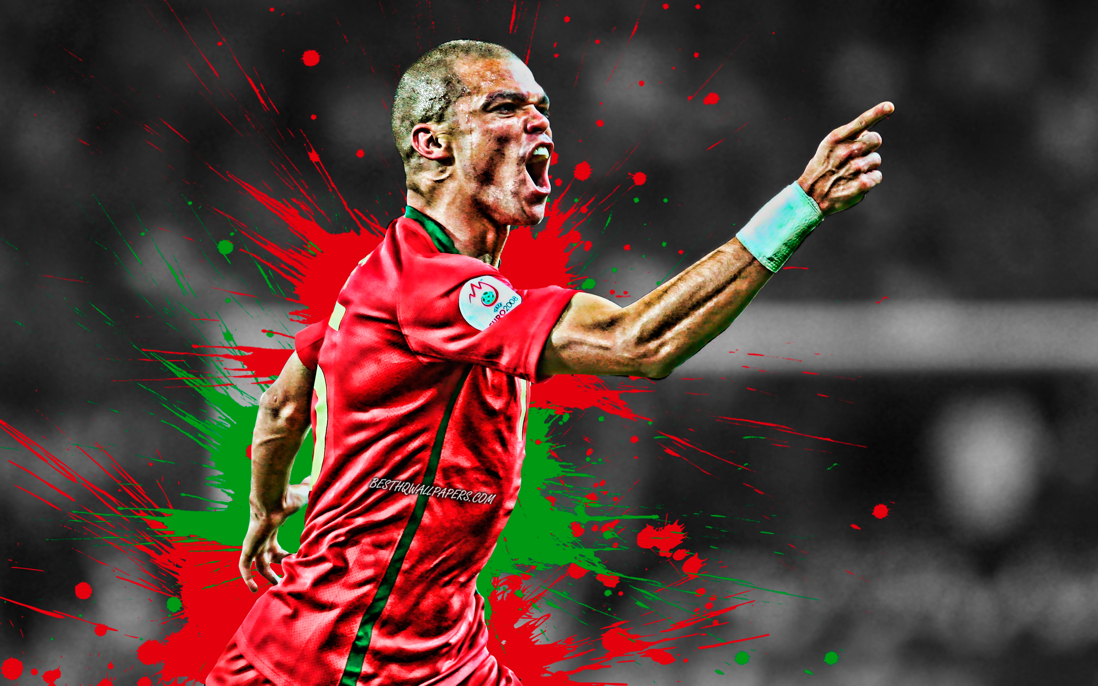 Download wallpaper Pepe, red and green blots, Portugal National Team, Kepler Laveran de Lima Ferreira ComM, grunge, soccer, footballers, Portuguese football team for desktop with resolution 3840x2400. High Quality HD picture wallpaper