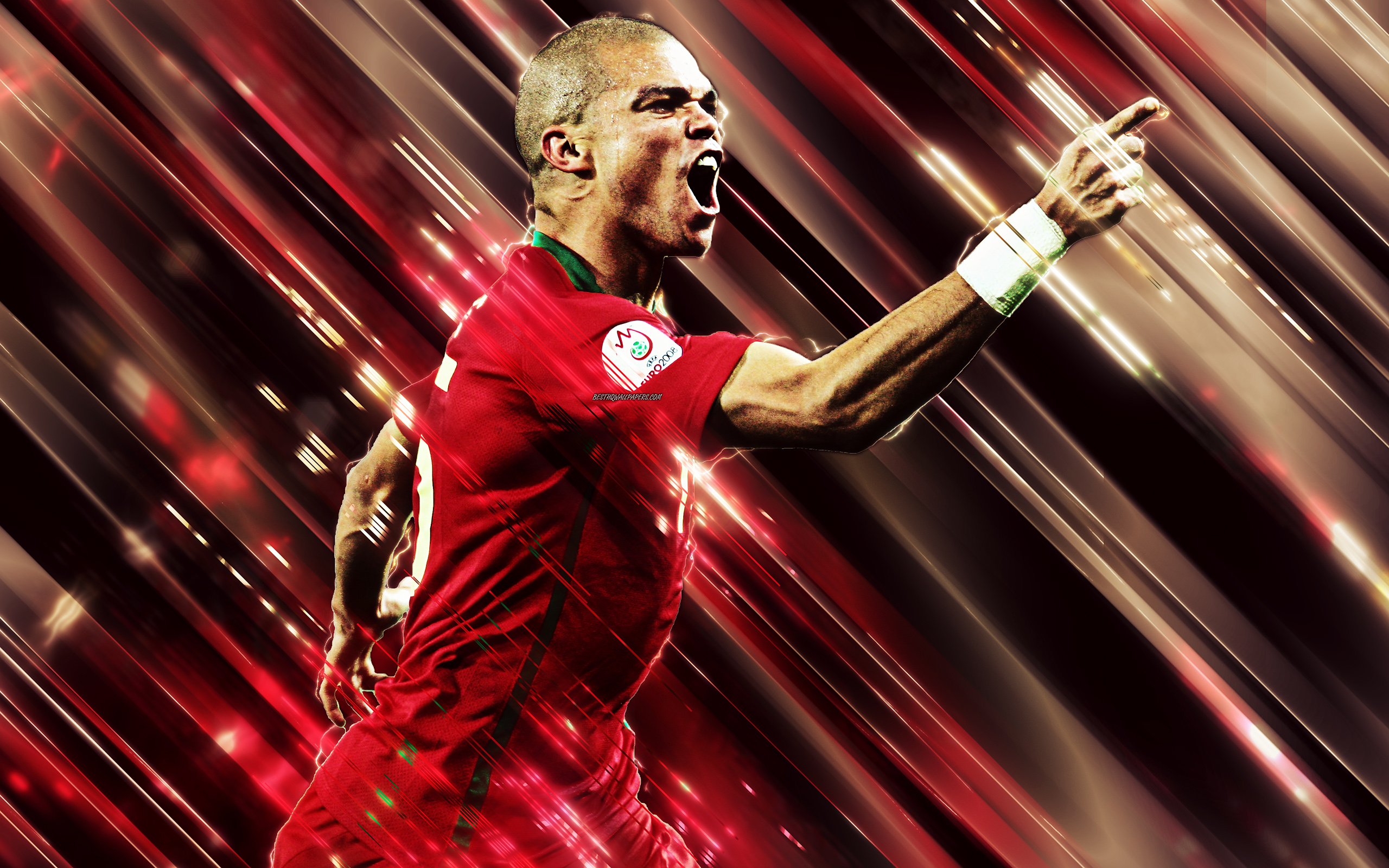 Download wallpaper Pepe, Kepler Laveran Lima Ferreira, creative art, blades style, Portuguese footballer, Portugal national football team, red creative background, Portugal, football for desktop with resolution 2560x1600. High Quality HD picture