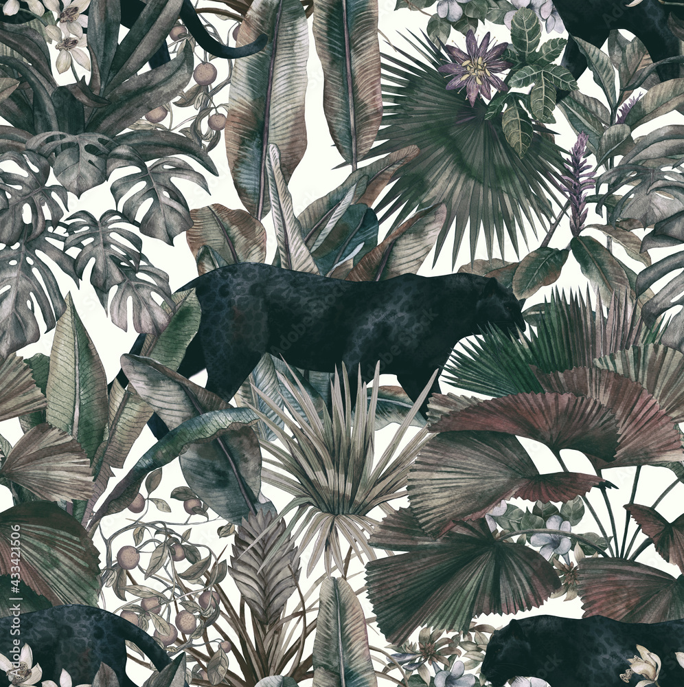 Tropical leaves, panther and orchid. Seamless vintage pattern. Wallpaper with tropical flowers and leaves Stock Illustration