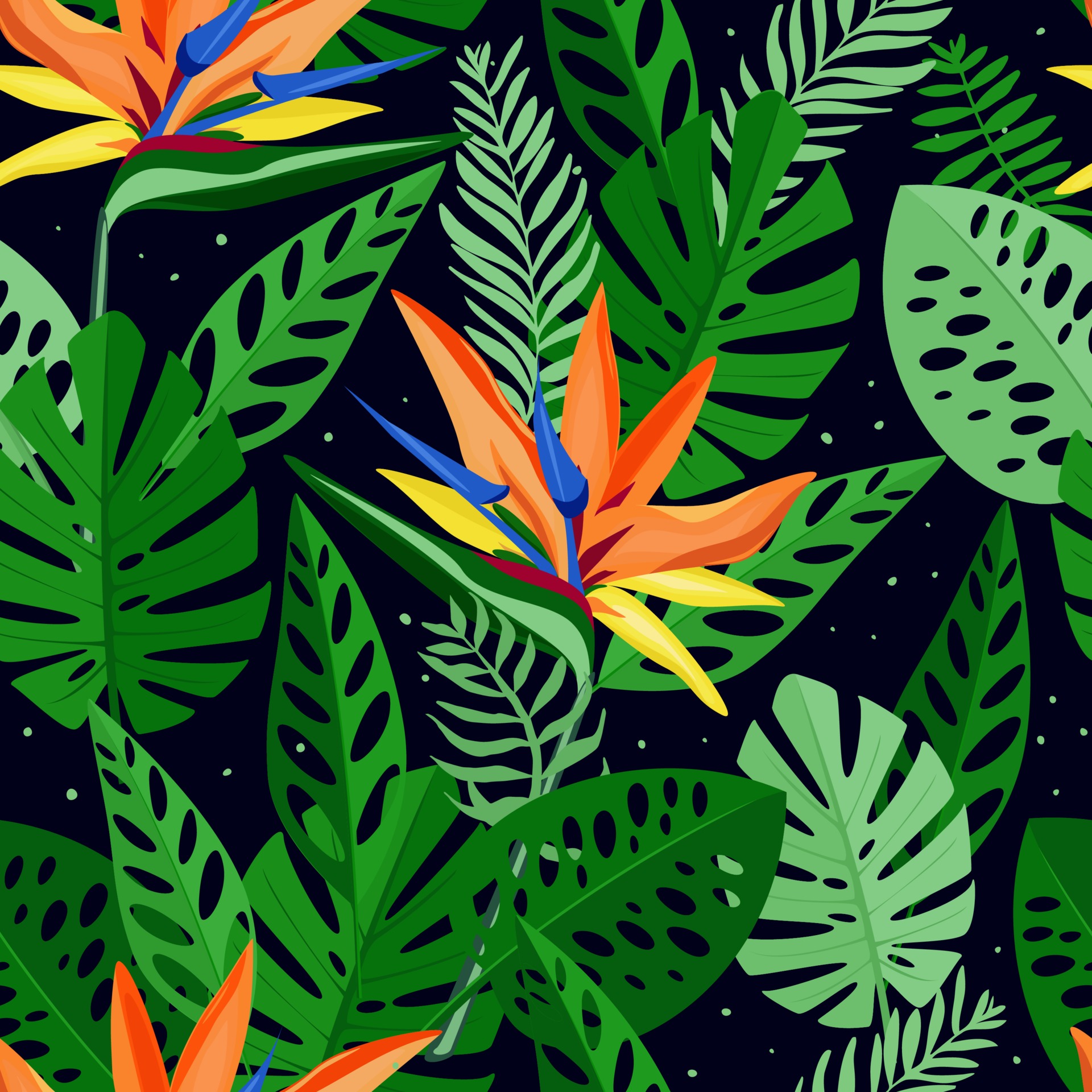 Seamless pattern with tropical flowers and leaves of strelitzia. Hand drawn, vector, bright colours. Background for prints, fabric, wallpaper, wrapping paper