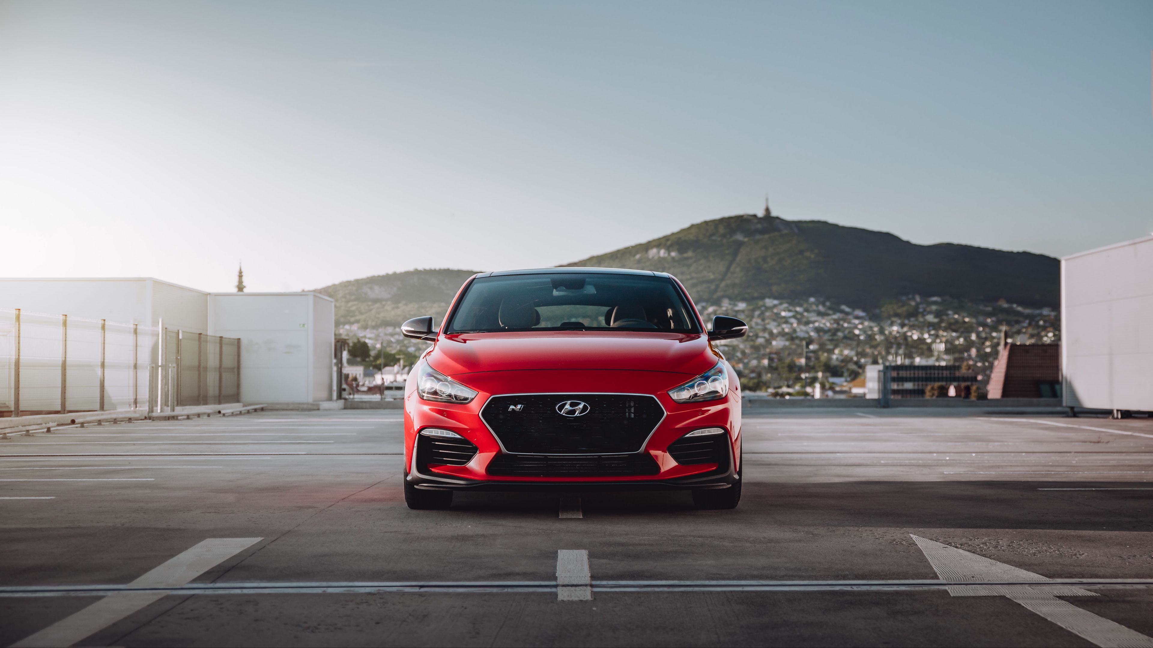Download wallpaper 3840x2160 hyundai, car, headlight, front view, red 4k uhd 16:9 HD background