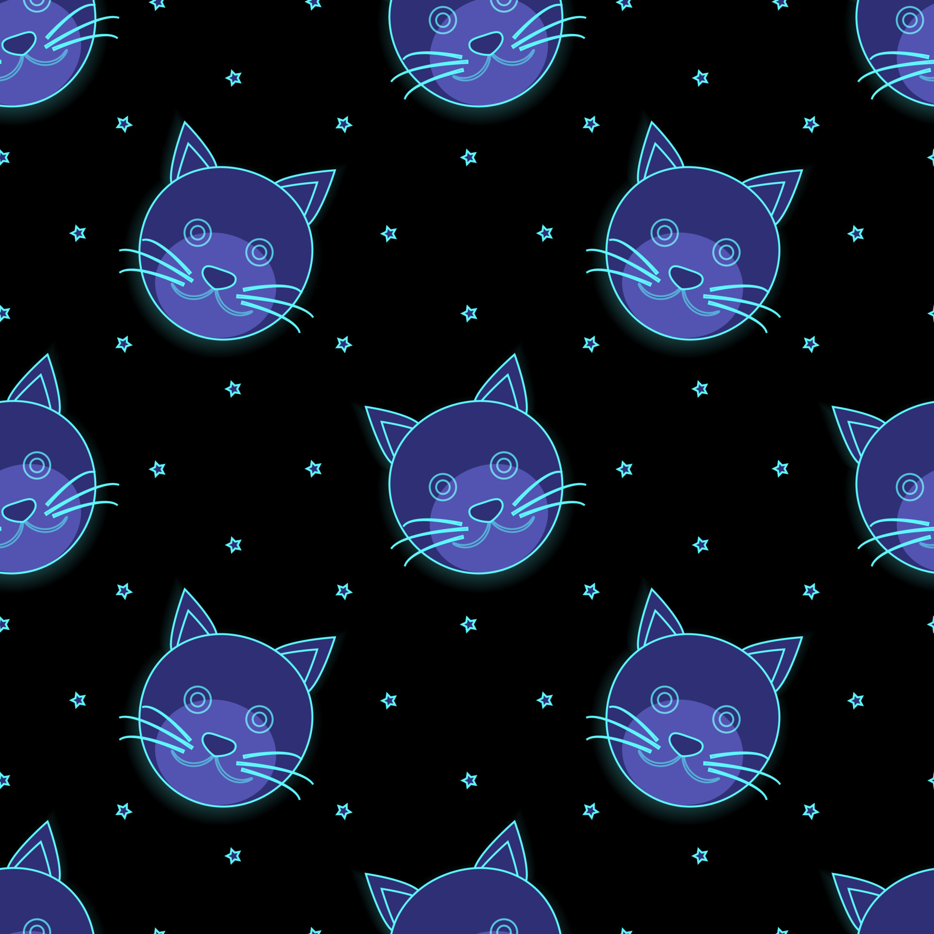 vector illustration of cat animal face design in light blue color. black background. Seamless pattern designs for wallpaper, backdrops, covers, paper cut, stickers and prints on fabric