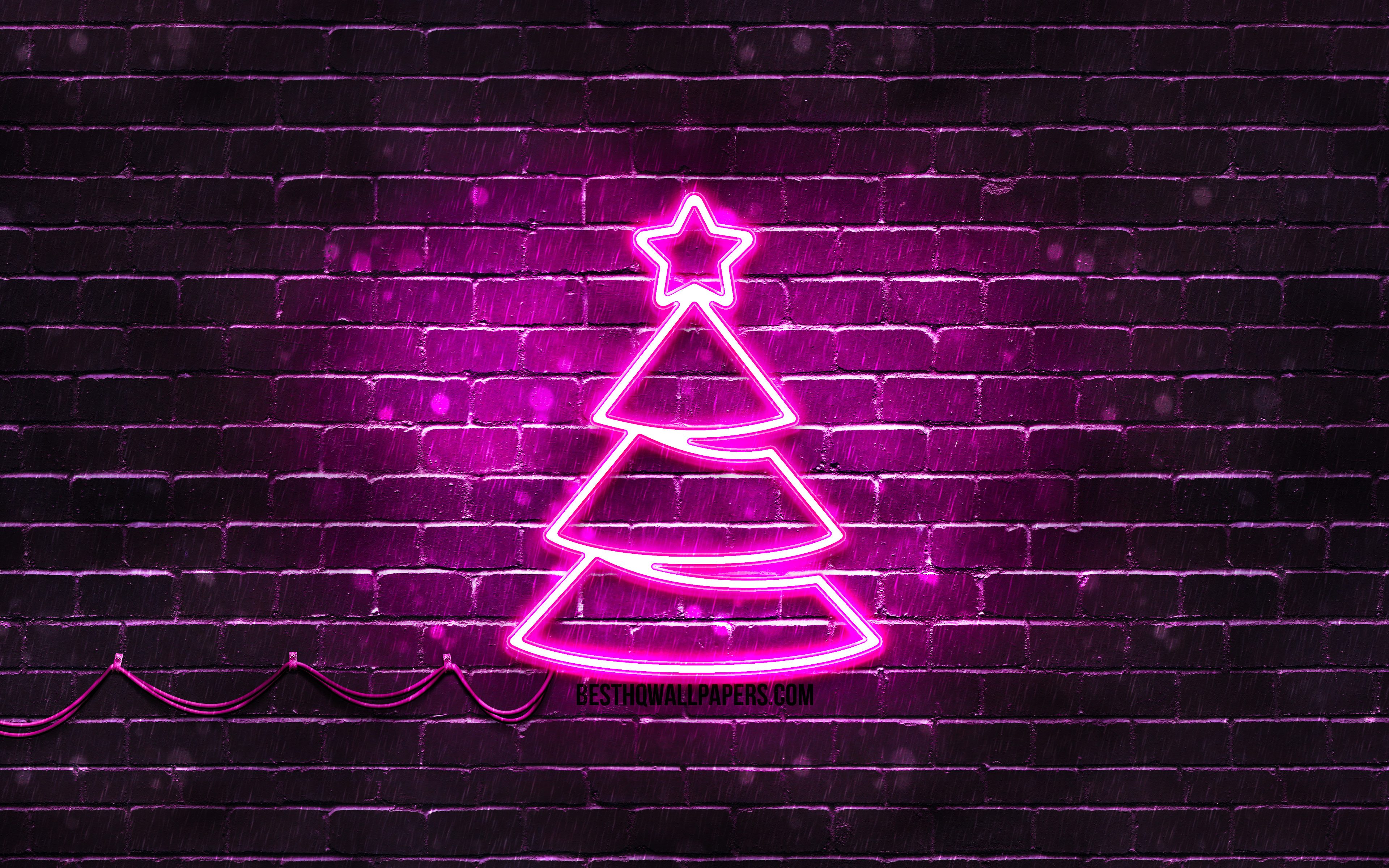Download wallpaper Purple neon Christmas Tree, 4k, purple brickwall, Happy New Years Concept, Purple Christmas Tree, Xmas Trees, Christmas Trees for desktop with resolution 3840x2400. High Quality HD picture wallpaper