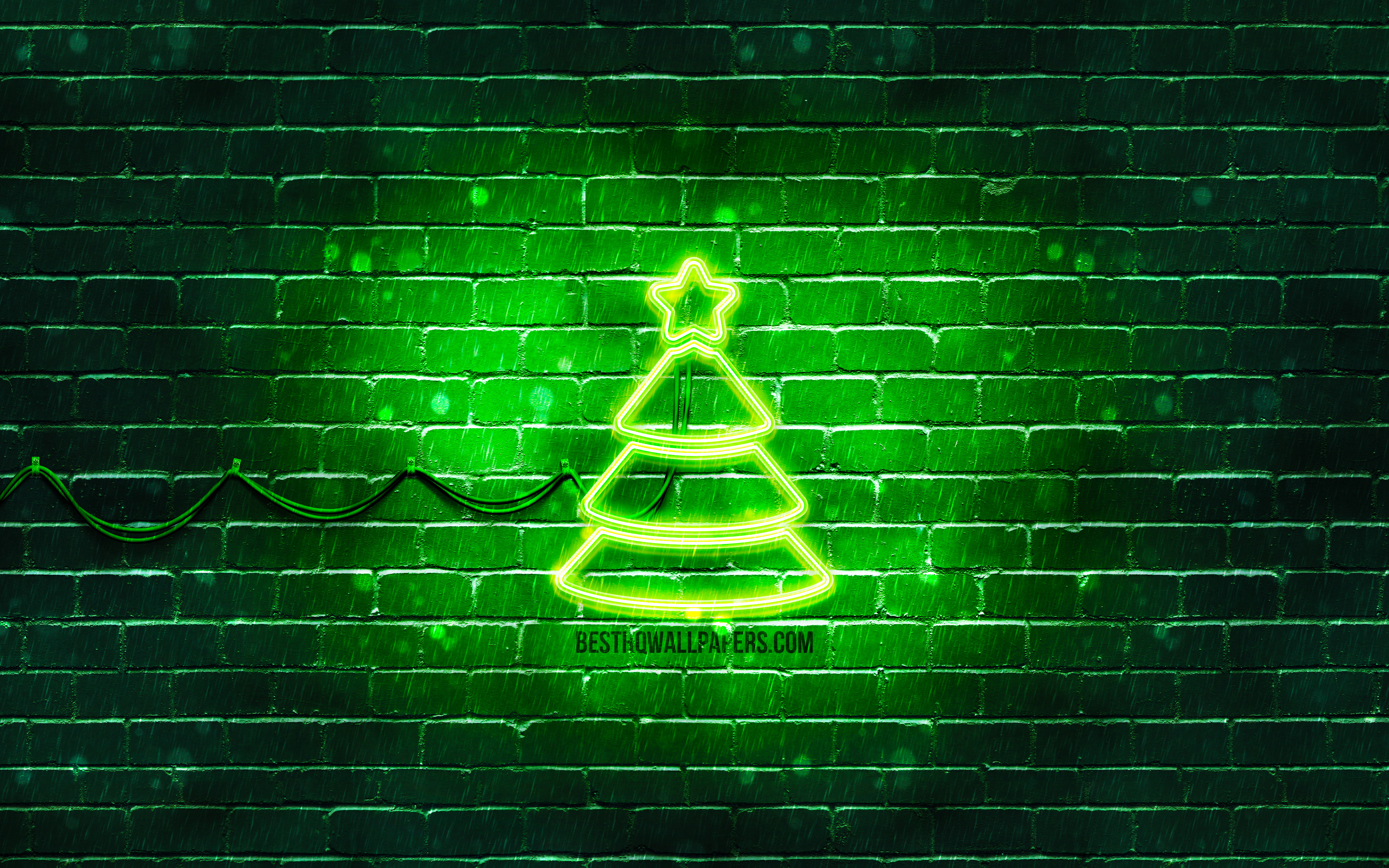 Download wallpaper Christmas Tree neon icon, 4k, green background, neon symbols, Christmas Tree, creative, neon icons, Christmas Tree sign, holidays signs, Christmas Tree icon, holidays icons for desktop with resolution 3840x2400. High