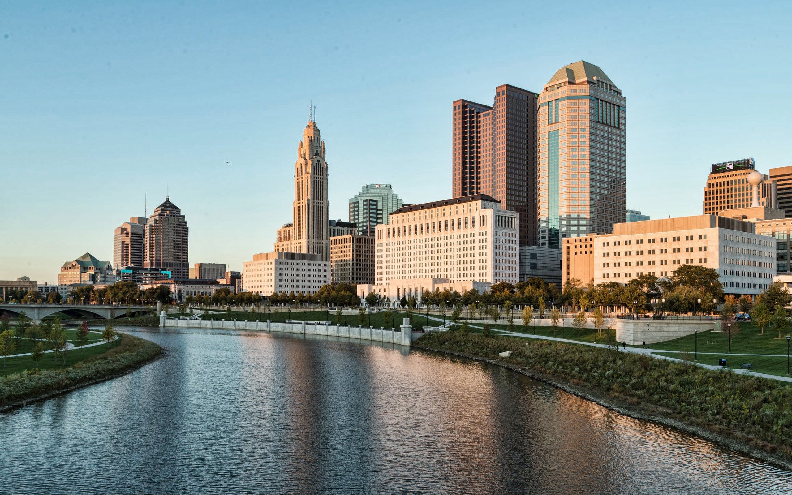 Download wallpaper Columbus, evening, sunset, skyscrapers, Columbus cityscape, Columbus skyline, Ohio, USA for desktop with resolution 2560x1600. High Quality HD picture wallpaper