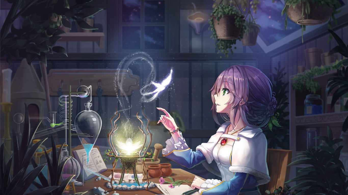 Wallpaper Anime Girl, Purple Hair, Room, Butterfly, Light • Wallpaper For You