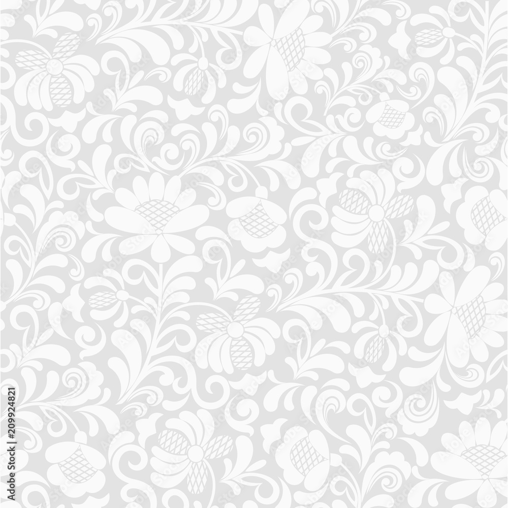 Seamless grey background with white floral pattern. Vector retro illustration. Ideal for printing on fabric or paper for wallpaper, textile, wrapping. Stock Vector