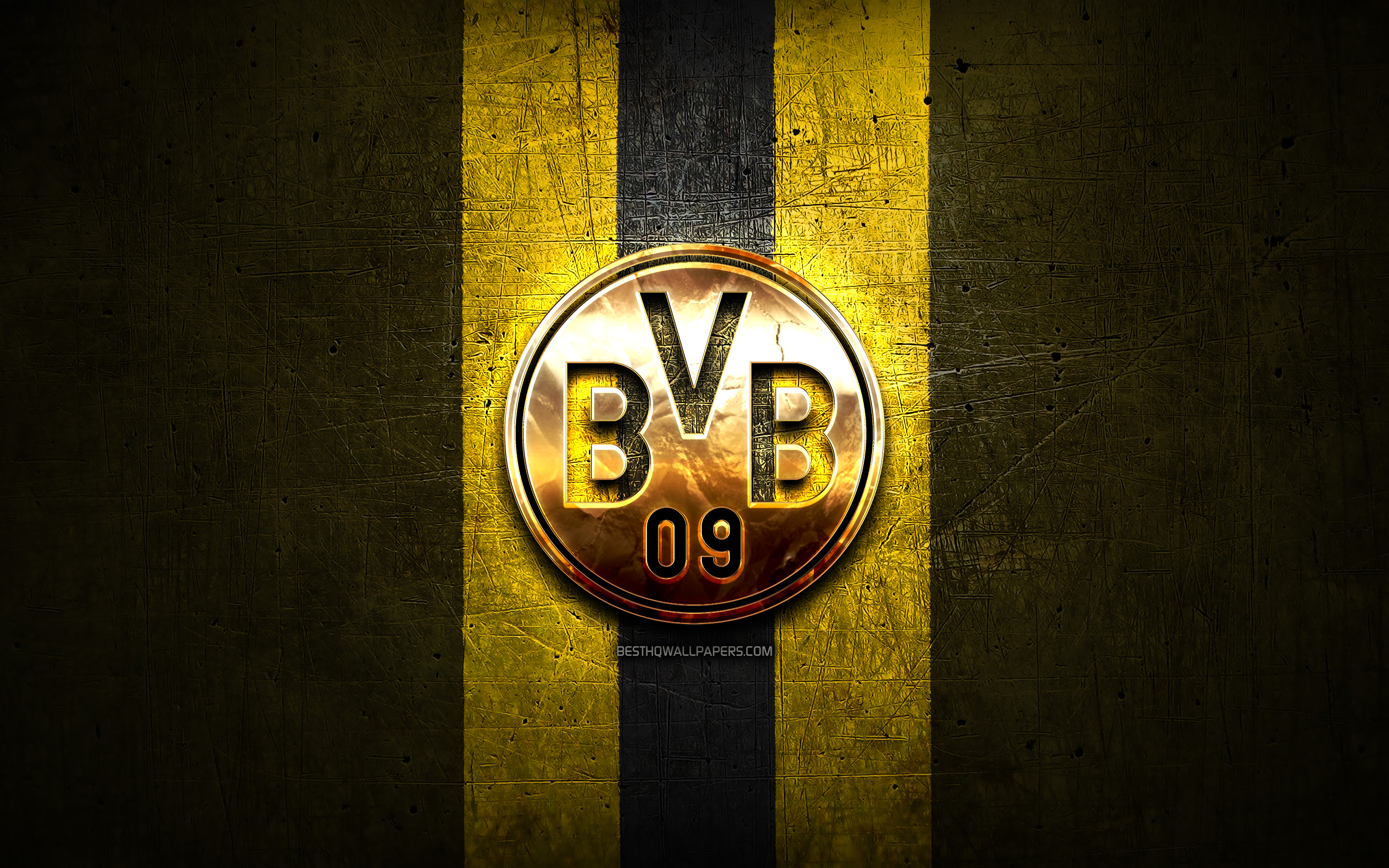 Download wallpaper Borussia Dortmund FC, golden logo, Bundesliga, yellow metal background, football, Borussia Dortmund, german football club, Borussia Dortmund logo, soccer, Germany for desktop with resolution 2880x1800. High Quality HD picture
