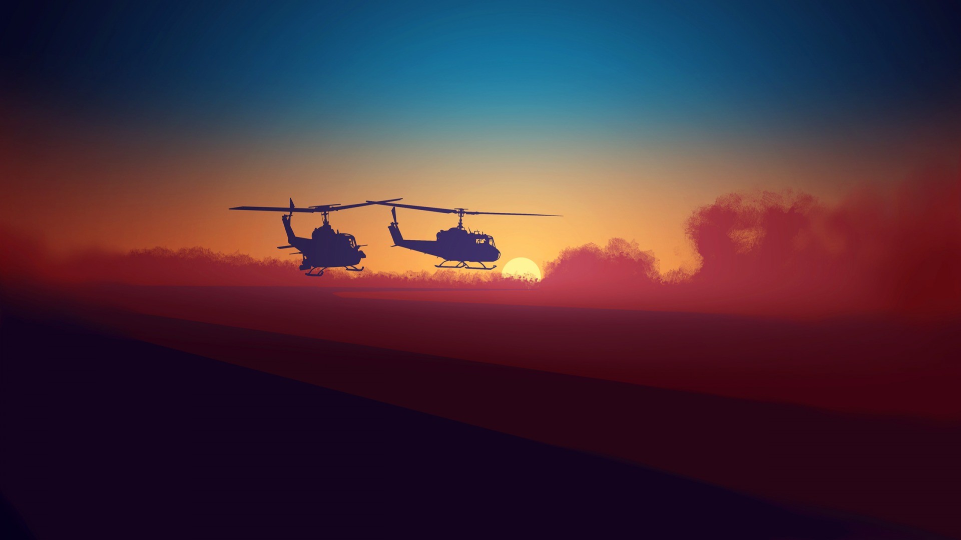 artwork, Helicopters, Colorful, Sunrise, Sand, UH Huey Helicopter Wallpaper HD / Desktop and Mobile Background