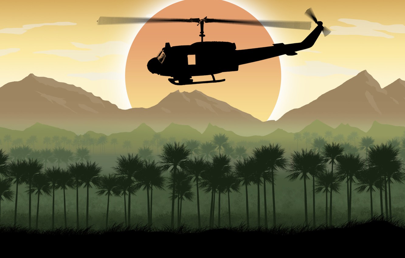 Wallpaper The Sun, Trees, Mountains, Art, Helicopter, UH 1 Huey Image For Desktop, Section авиация