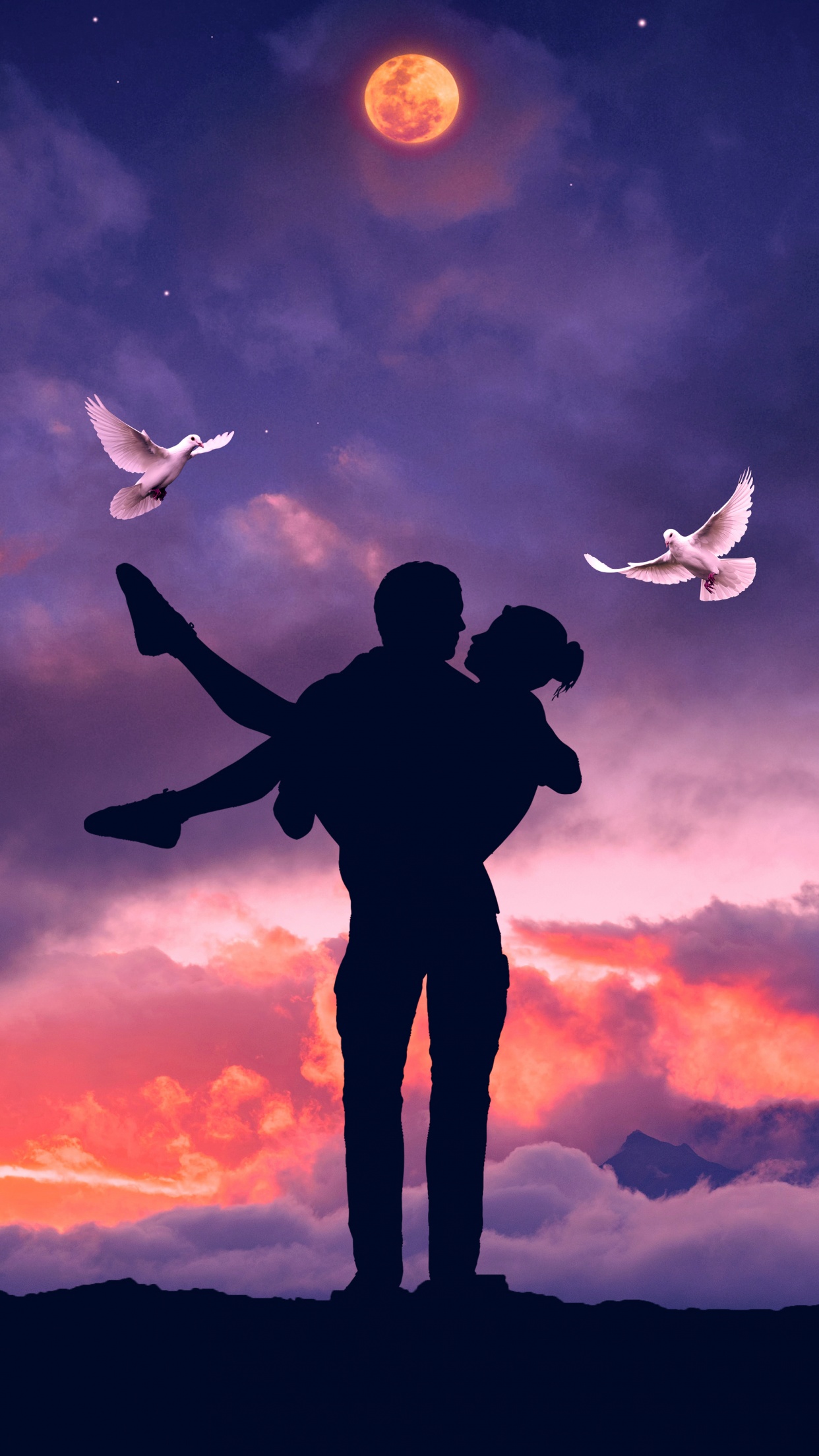 Lovers Wallpaper 4K, Couple, Silhouette, Romantic, Surreal, Sunset, Love