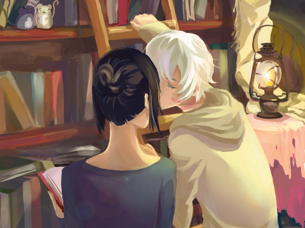 Download Wallpaper Books, Kiss, Art, Ladder, Lantern, Anime, Bookshelves, Mouse, Anime, Shion, Boys, Rat, Nezumi, Sion, Senen Ay, Shounen Ai, Section Other In Resolution 1152x864