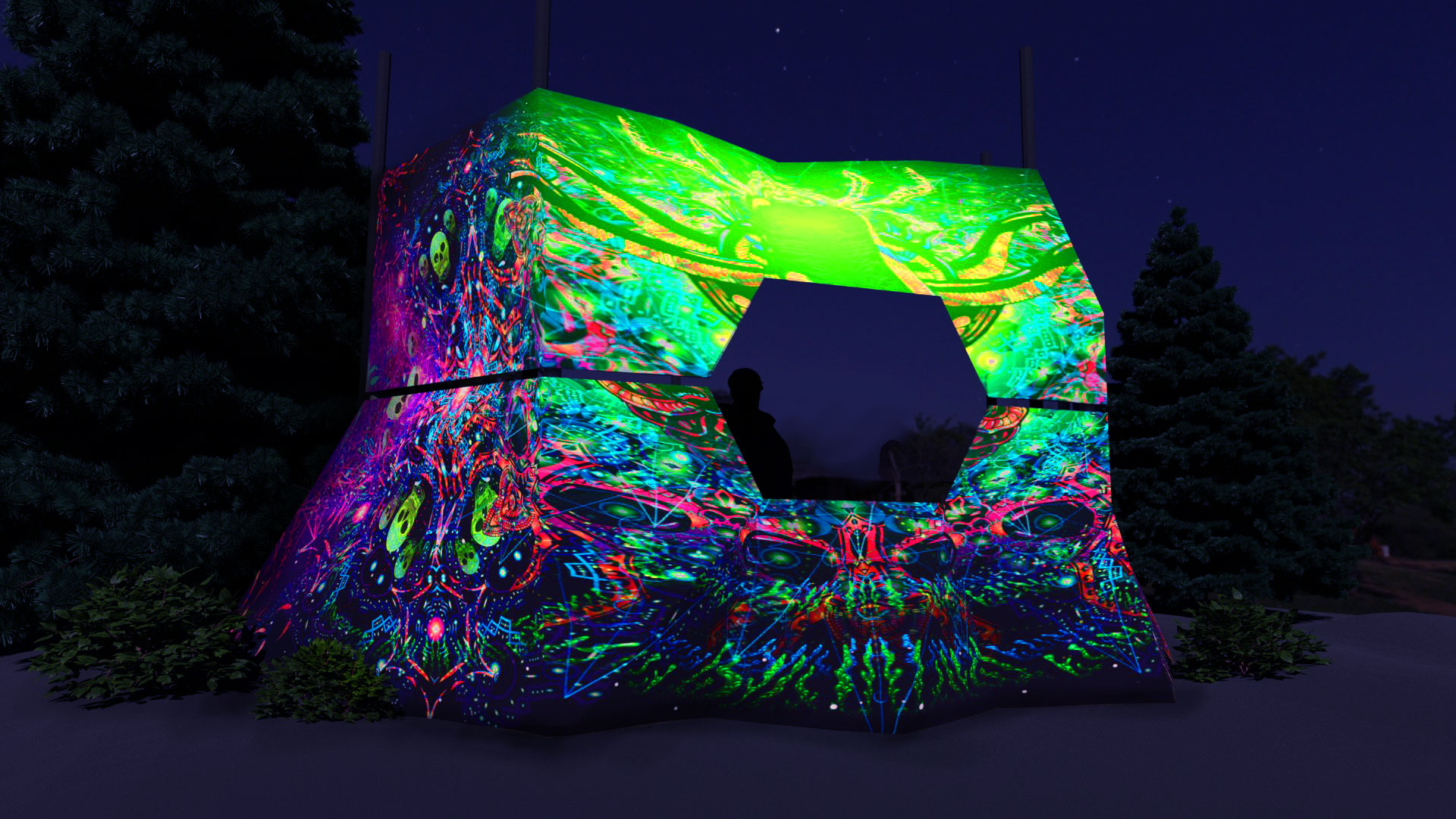 Alien Enlightenment DJ Booth Decoration UV Reactive Stretchable Print On Lycra