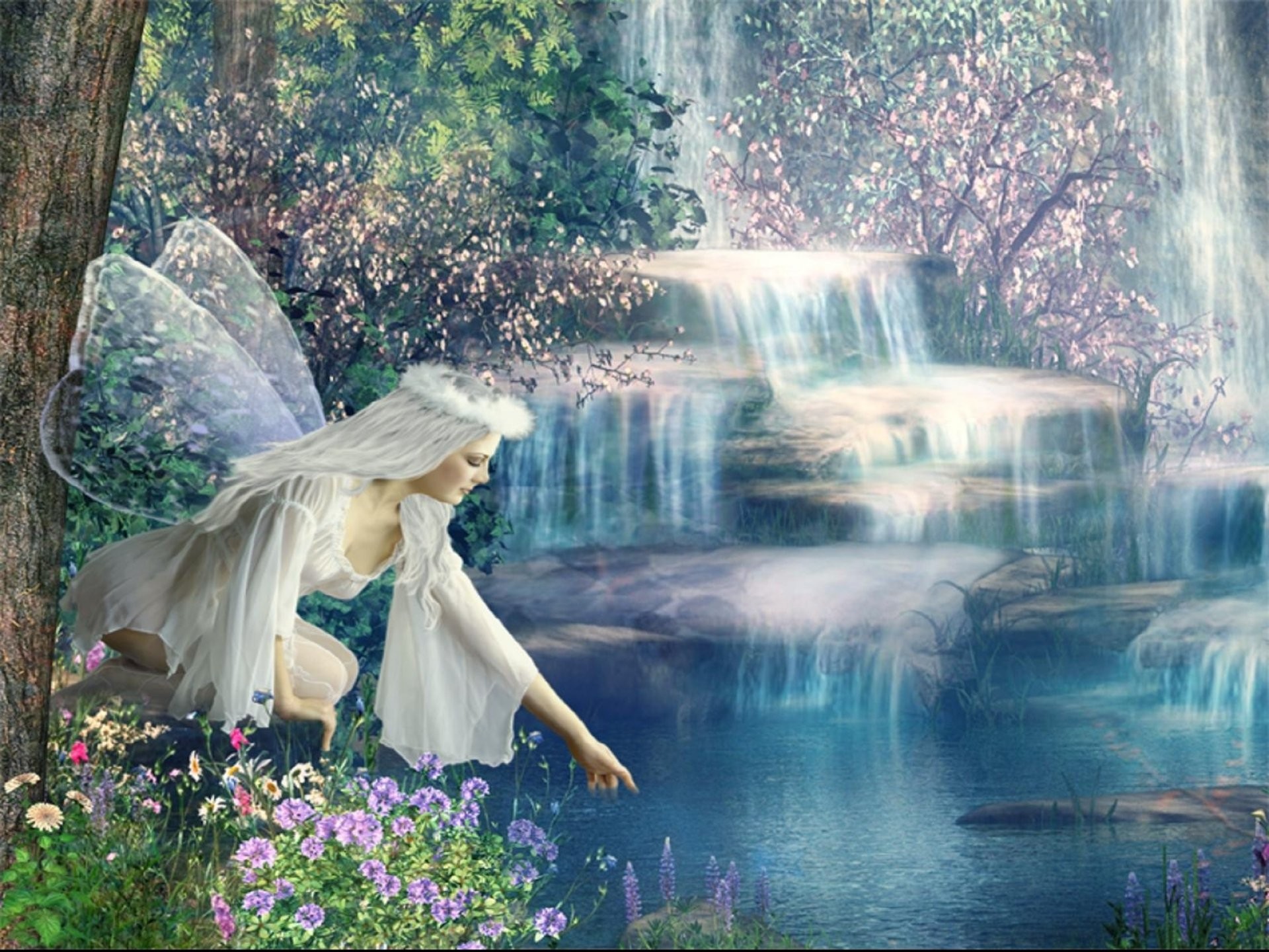 Fairies Amazing, fairy, Artwork, Fantasy, Full HD Wallpaper, mobile Near A Waterfall