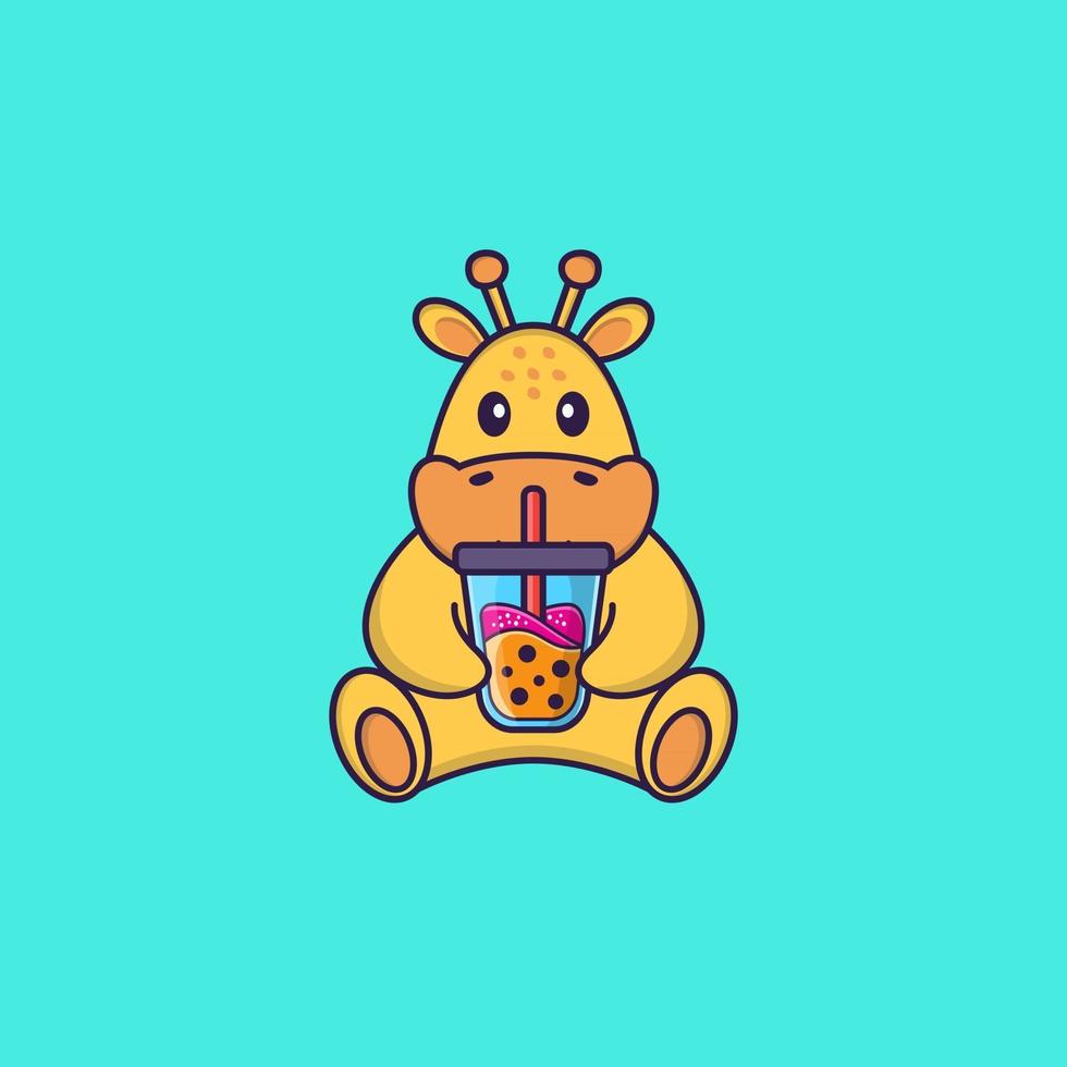 Cute Giraffe Drinking Boba Milk Tea. Animal Cartoon Concept Isolated. Can Used For T Shirt, Greeting Card, Invitation Card Or Mascot. Flat Cartoon Style