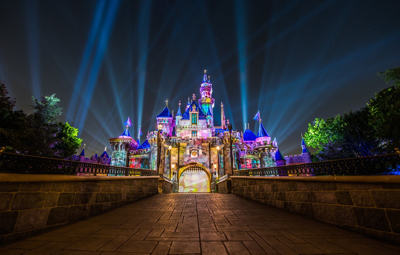 Wallpaper rays, night, castle, CA, Disneyland, California, Disneyland, Anaheim, Sleeping Beauty's Castle, Anaheim, Sleeping Beauty Castle image for desktop, section город