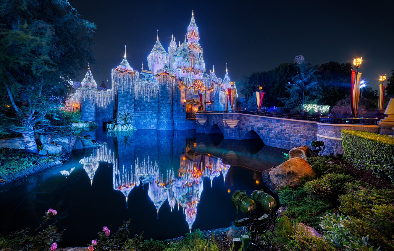 Wallpaper bridge, pond, reflection, castle, CA, California, illumination, Disneyland, Anaheim, Sleeping Beauty's Castle, Anaheim, Sleeping Beauty Castle, Disneyland image for desktop, section пейзажи