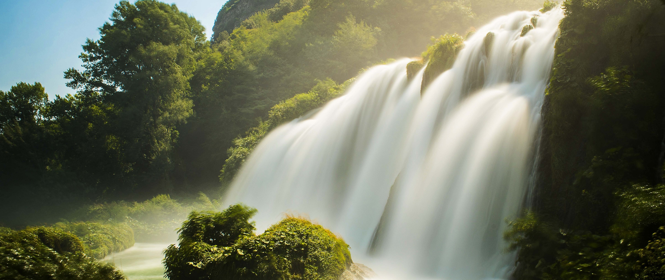 Download waterfall, river, summer, nature 2560x1080 wallpaper, dual wide 2560x1080 HD image, background, 1277
