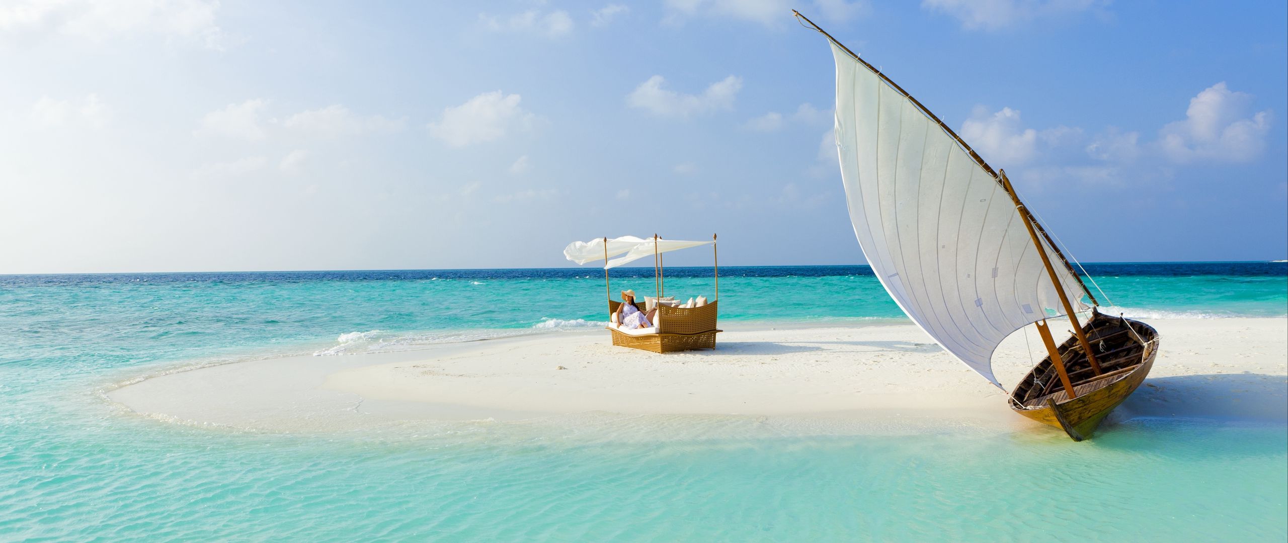 Download wallpaper 2560x1080 maldives, beach, tropical, sea, sand, island, boat, summer dual wide 1080p HD background