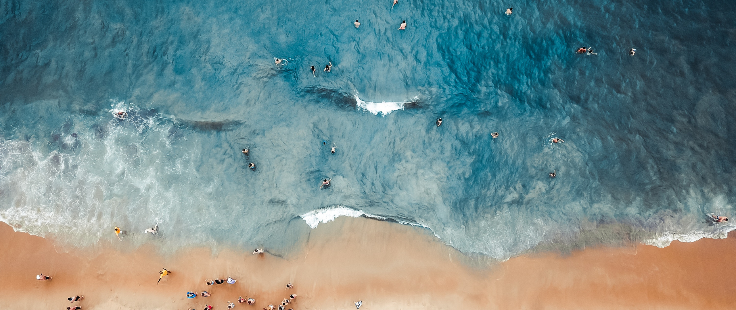 Download Beach, surfers, summer, aerial view wallpaper, 2560x Dual Wide, Widescreen