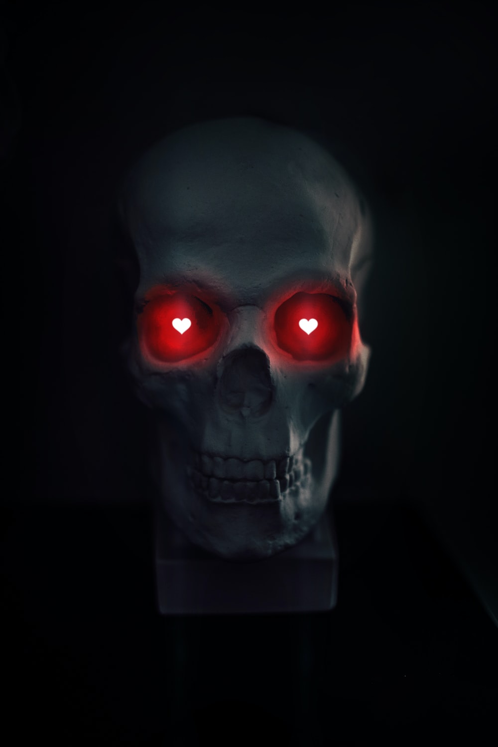 gray skull with red eyes photo