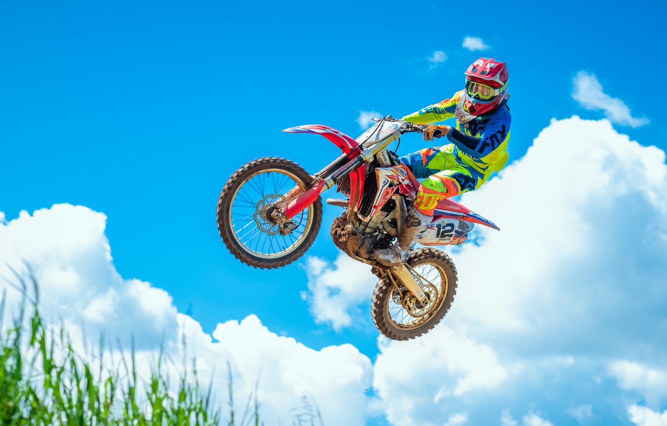 Wallpaper the sky, jump, motorcycle, flight, motocross, Honda image for desktop, section спорт