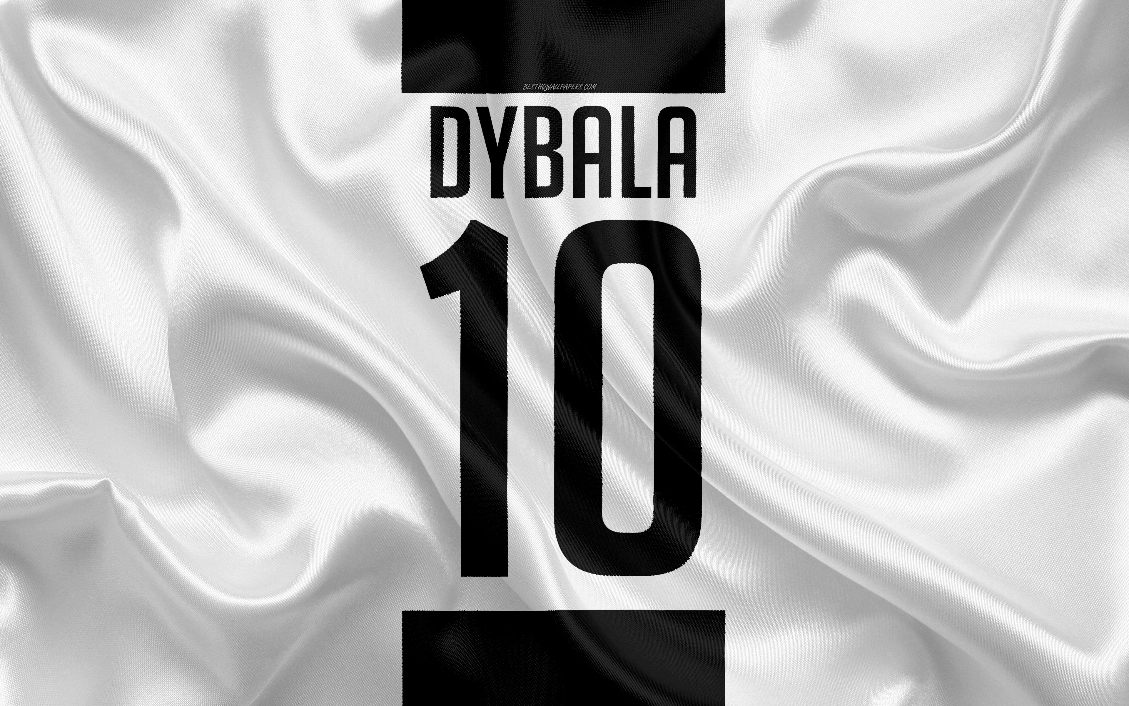 Download Wallpaper Paulo Dybala, Juventus FC, T Shirt, 10th Number, Serie A, White Black Silk Texture, Juve, Turin, Italy, Football, Dybala For Desktop With Resolution 3840x2400. High Quality HD Picture Wallpaper