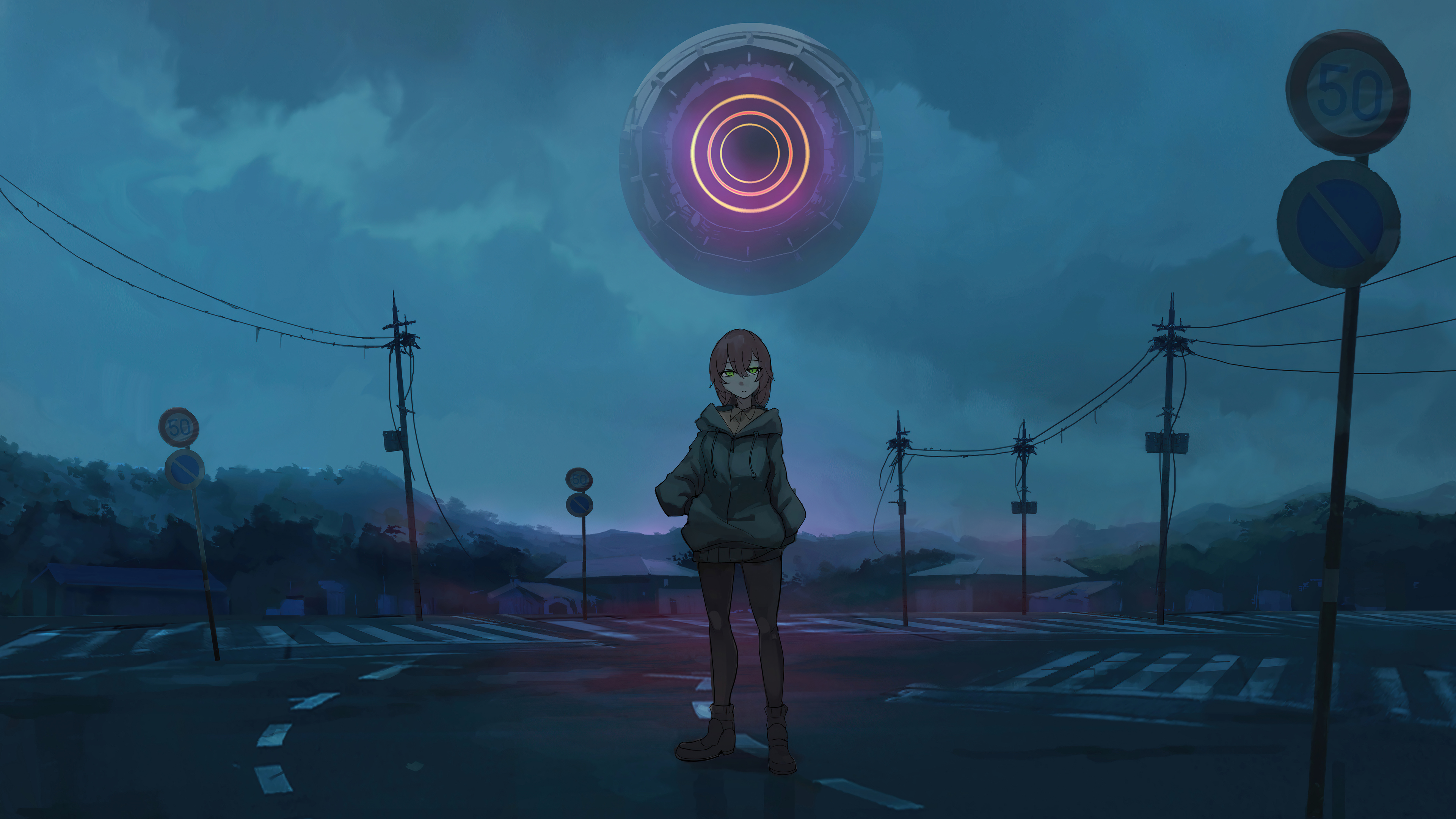 Anime Girl Alone Road Green Eyes 8k 4k HD 4k Wallpaper, Image, Background, Photo and Picture